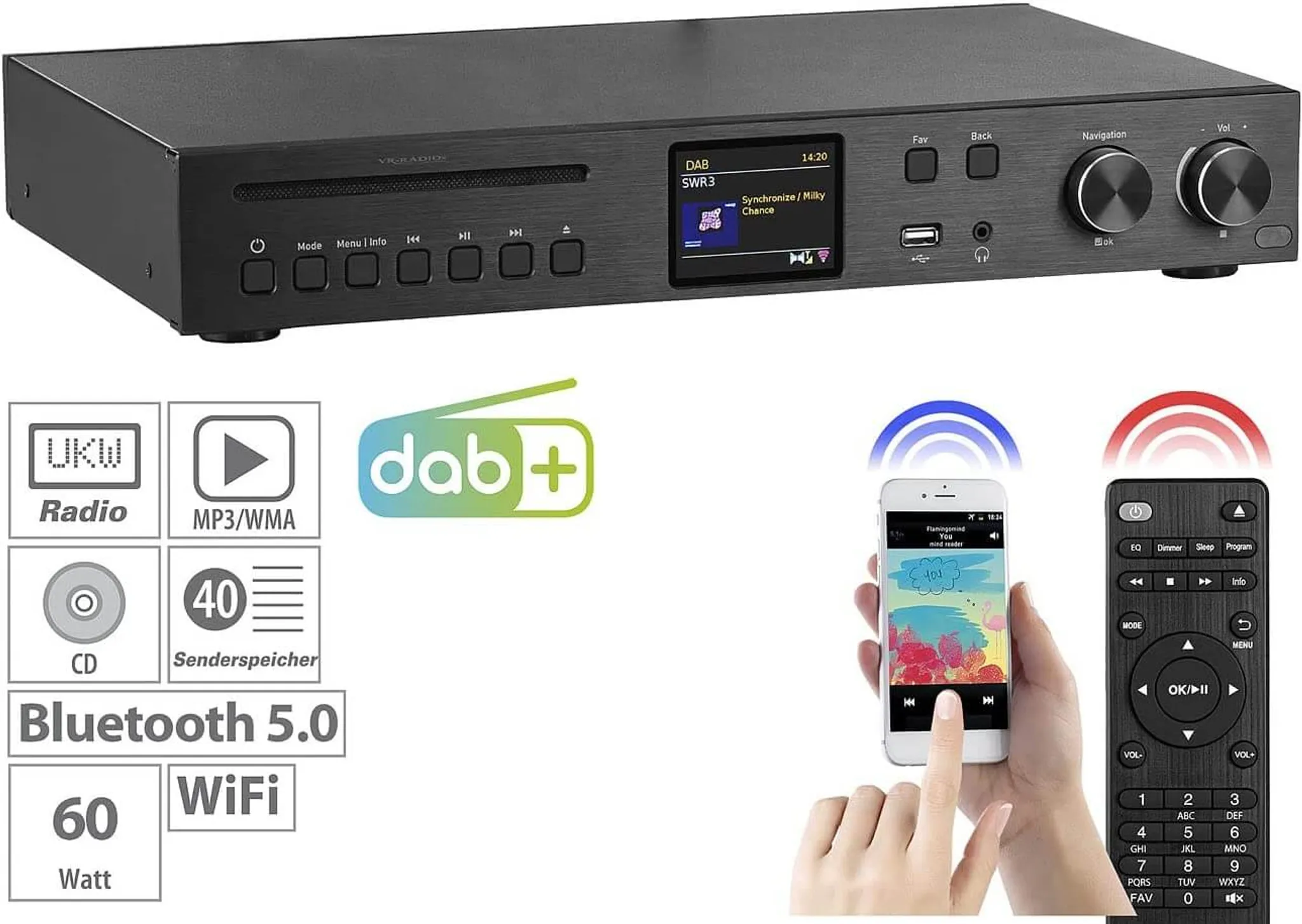 App UKW, DAB+, e Digitaler VR-Radio IRS-715 mit WLAN-HiFi-Tuner MP3, Internetradio,