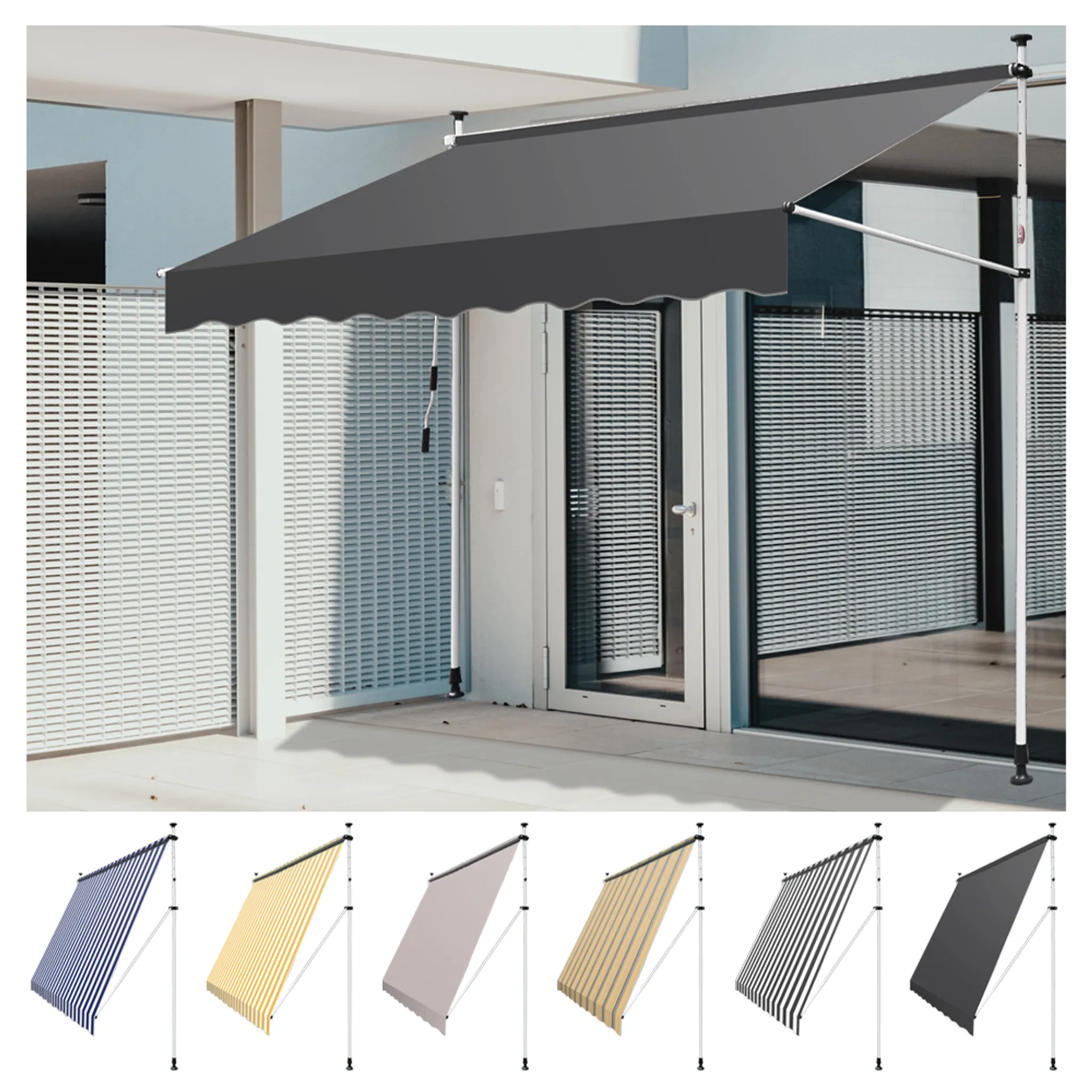 Markise Einziehbar Manuell 250x120cm, Grau 100% Polyester höhenverstellbar UV-beständig Handkurbel ohne Bohren LZQ Klemmmarkise Balkon 