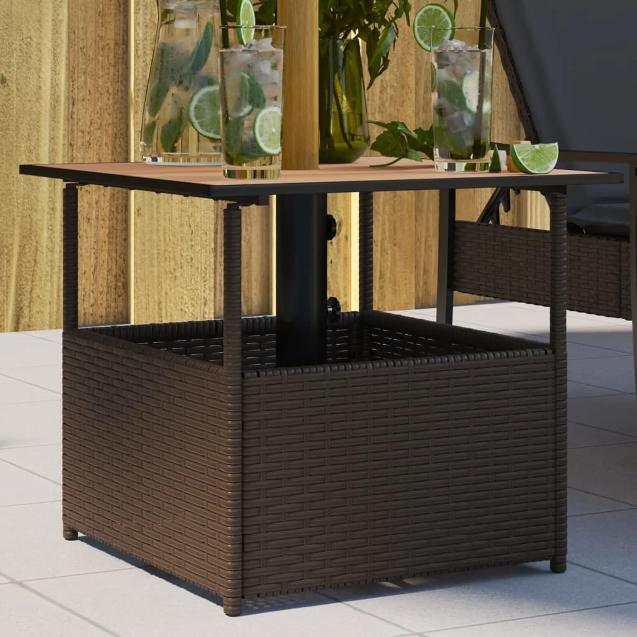 Kleiner Rattan-Beistelltisch Für Draußen – Doppelter Stauraum & Poly-Holz-Tischplatte Für Garten, Terrasse & Balkon