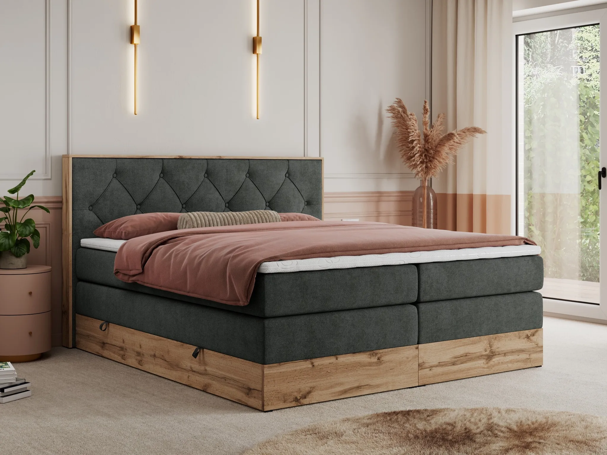 FARO Bett Mit Stauraum Boxspringbett FARO 200x200 - Kunstleder Weiß 2 Bettkästen Ehebett Mit Bettkasten