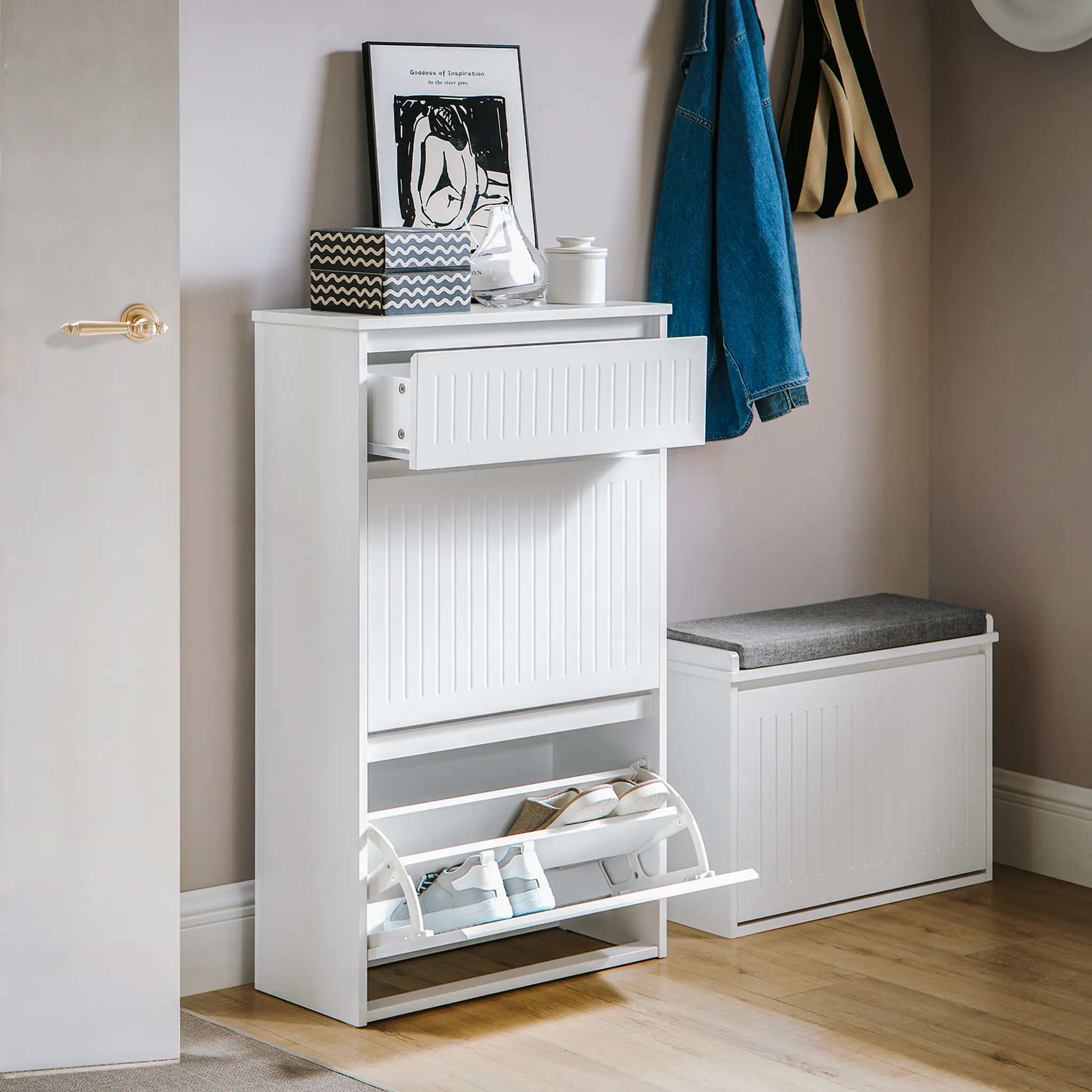 Scarpiera Salvaspazio Slim A 10 Livelli Con Porta, Modulare In Plastica Bianca, Per Ingresso E Corridoio