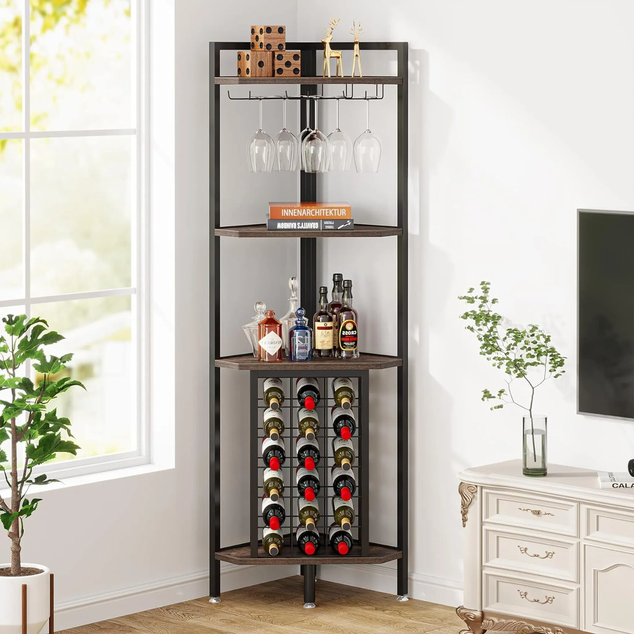 Weinregal Freistehend Aus Metall – Flaschenhalter Für Bis Zu 6 Flaschen, Platzsparend, Braun, Für Bar, Küche, Wohnzimmer