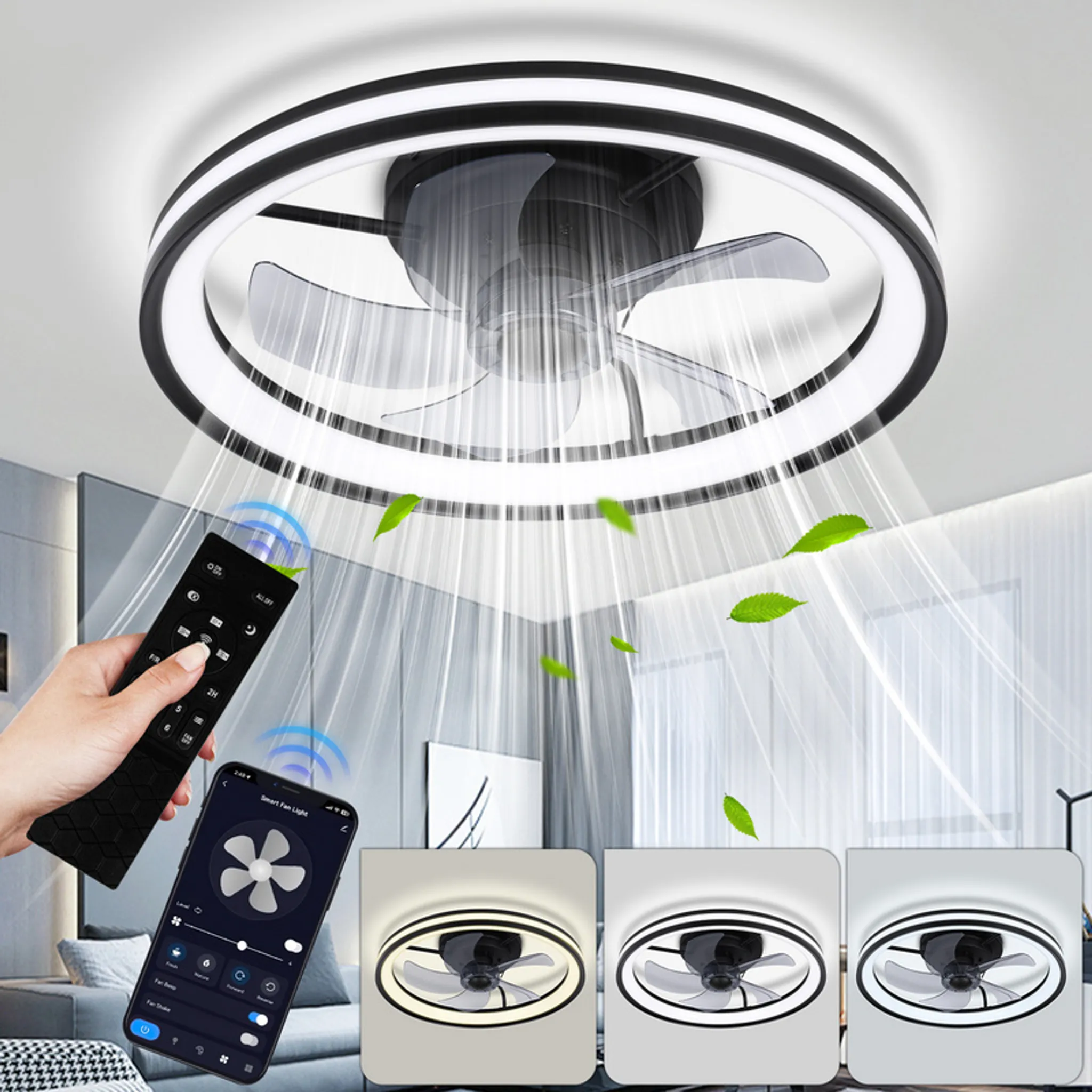 Ventilatore Da Soffitto Con Lampada LED Dimmerabile GaoHX - 6 Velocità, 3 Colori Luce, Telecomando, Funzione Estate/Inverno, 52 Cm (Nero/Bianco/Grigio/Blu/Verde) - 2