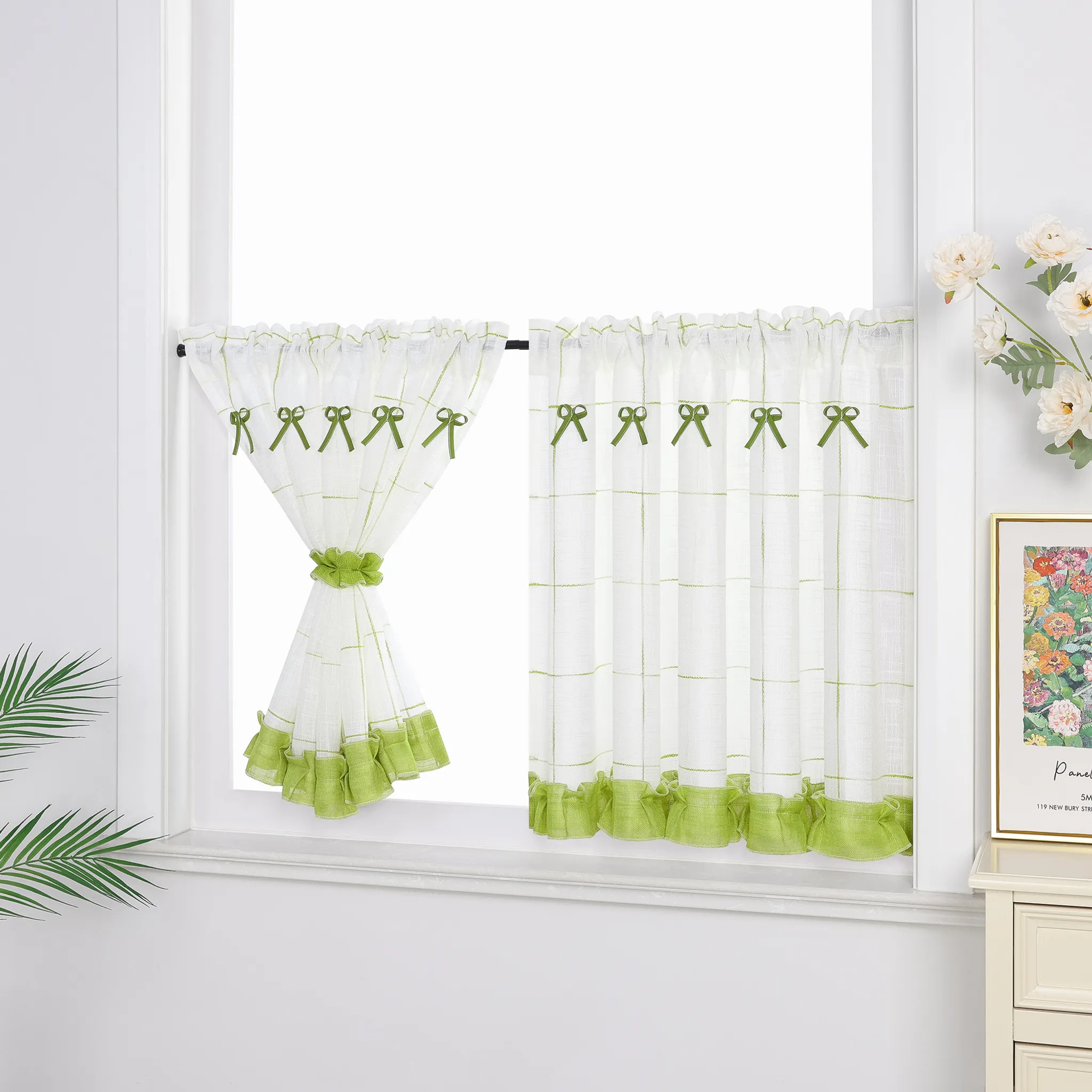 Odot Scheibengardinen Küche - 3D Blumen Muster Kurzvorhang 45x145cm