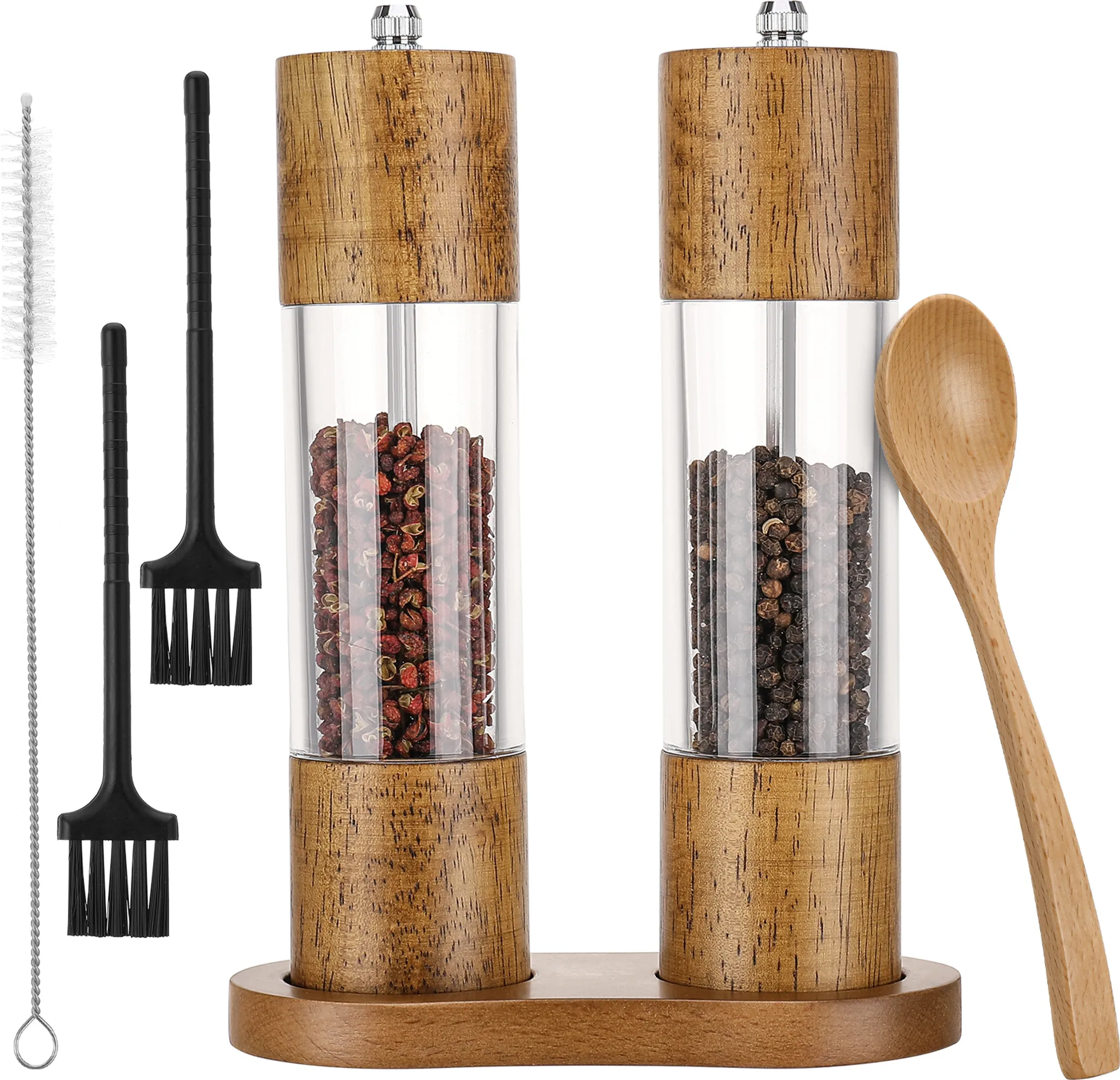 Salz- & Pfeffermühlen-Set Aus Akazienholz – 8 Zoll, Mit Keramik-Mahlwerk & Reinigungsbürste