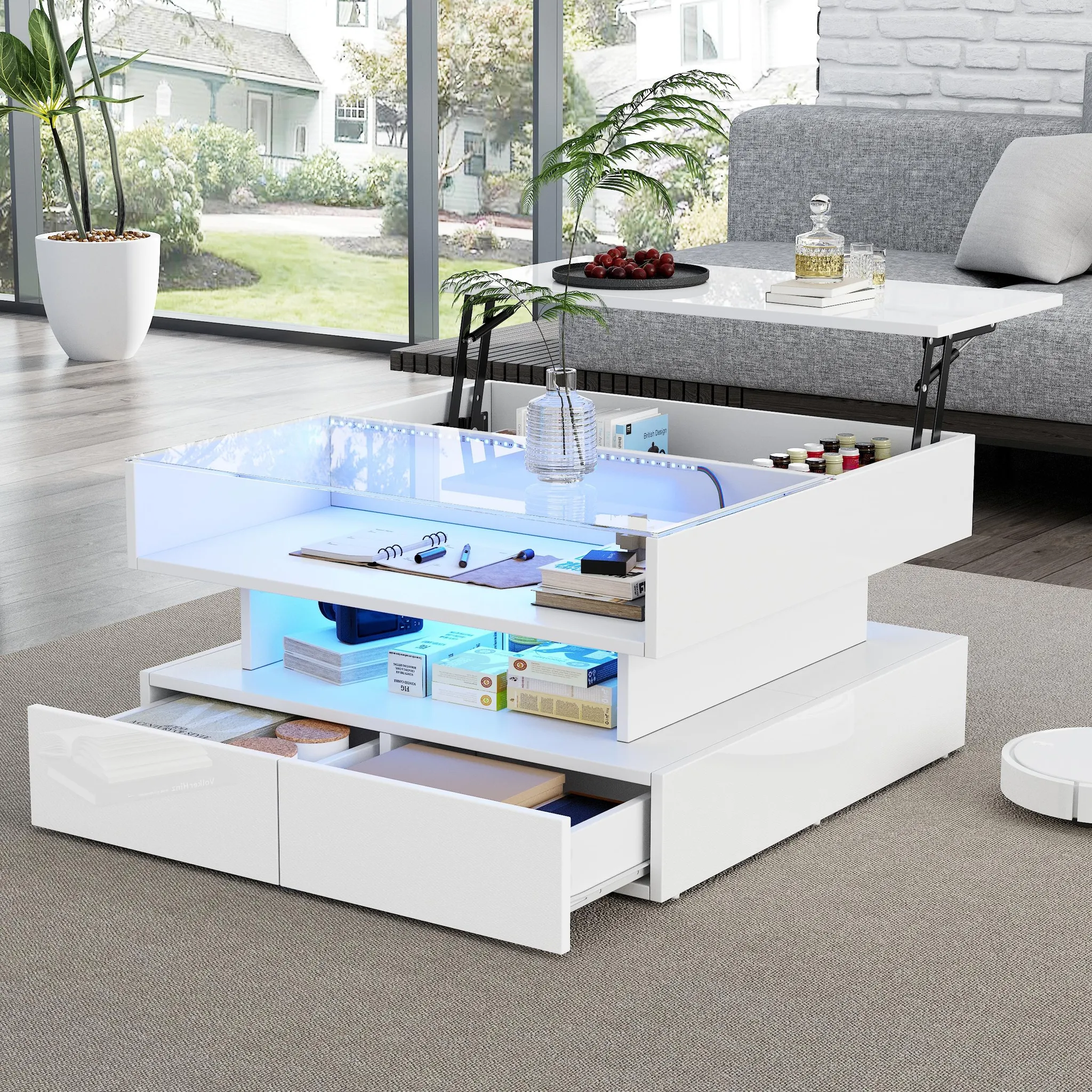 Table Basse Relevable Noir – Avec Ruban LED RGB Et 2 Tiroirs, Neuve