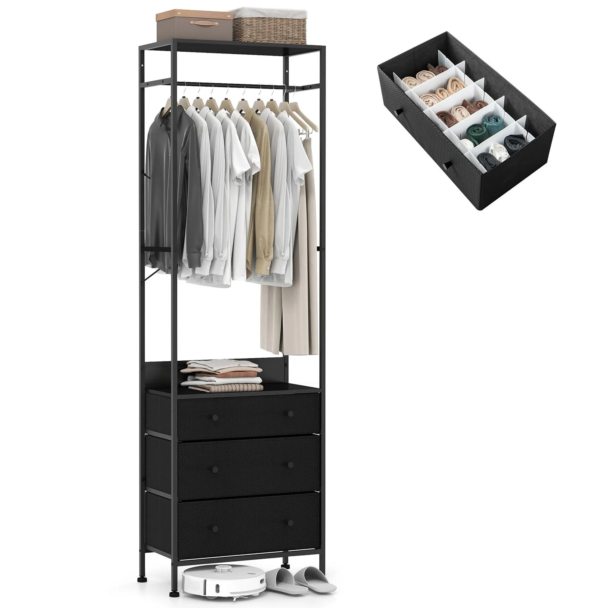 COSTWAY Garderobenständer Mit 3 Schubladen – Freistehende Kleiderstange & Ablagefächer, Industriestil 55x28x176 Cm, Für Flur & Schlafzimmer