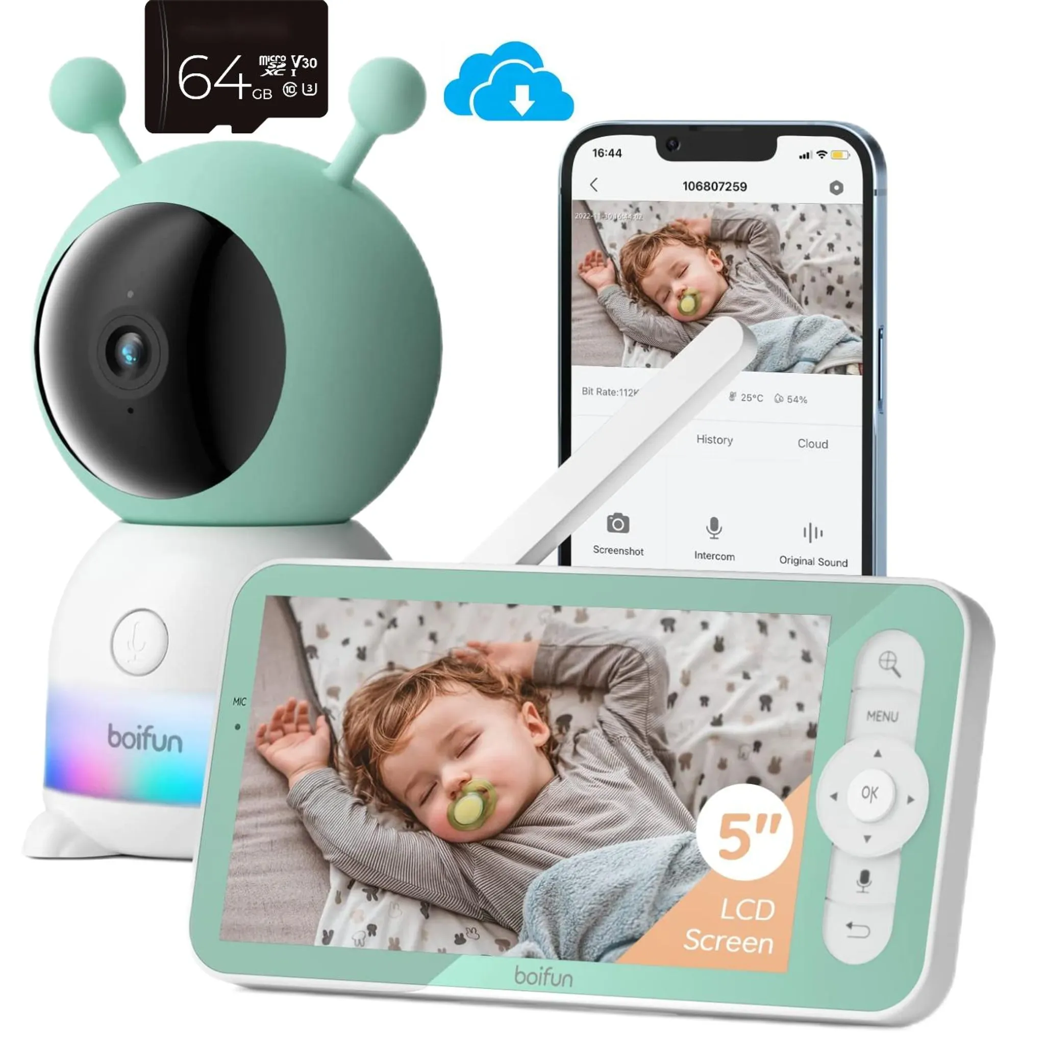 Boifun Babyphone mit Kamera Kabellos und 3,2 Zoll LCD VOX  Temperaturüberwachung