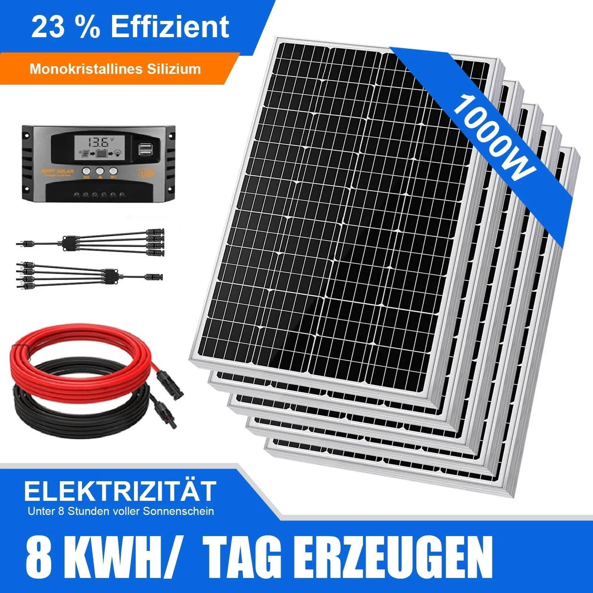 1000W Watt 12Volt Mono Solarpanel Photovoltaik Solaranlage Komplettset Solar  Set Solarmodul für Balkonkraftwerk/Wohnmobil/Haus/Balkon