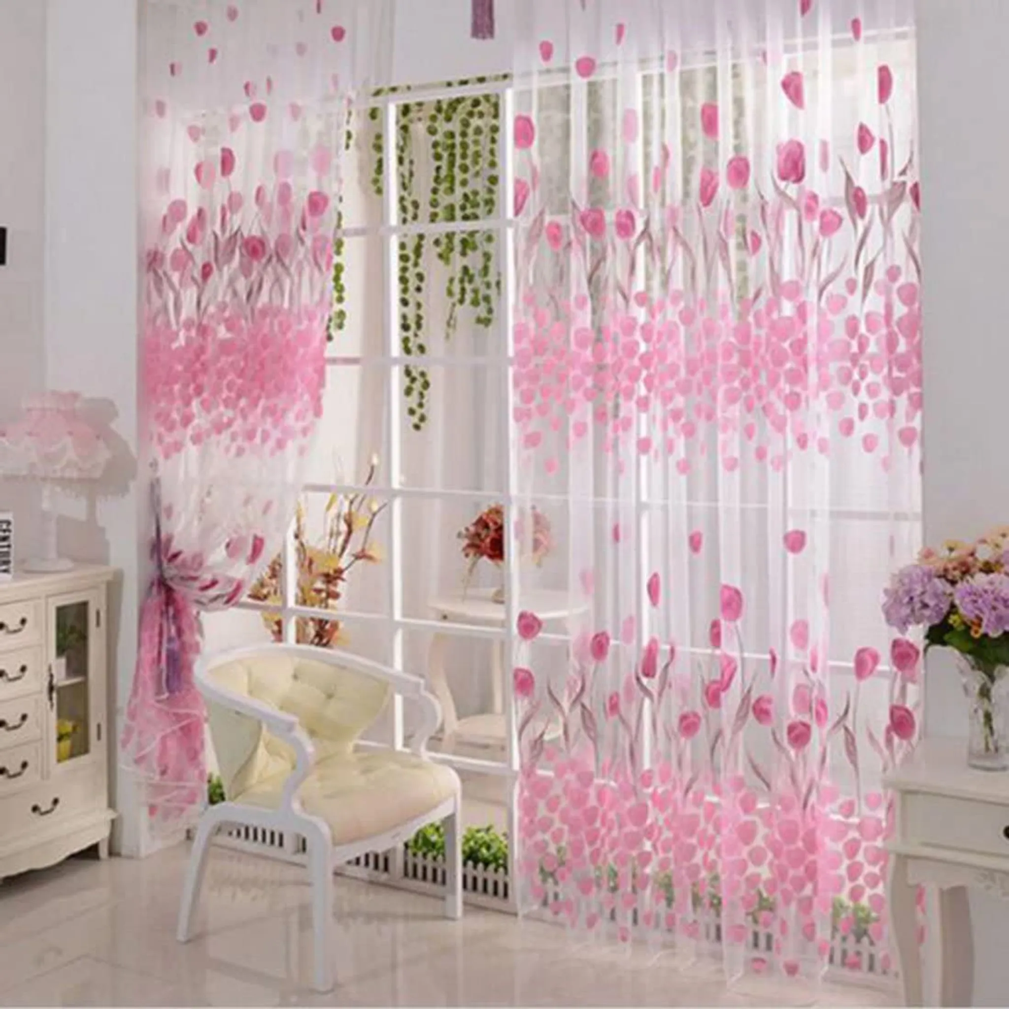 1 Stück Fenstervorhang Blumenstickerei 80 x 200cm, Transparente Vorhänge  Weiß Vorhang Gardine Stickerei Schmetterling für Balkon Küche Wohnzimmer
