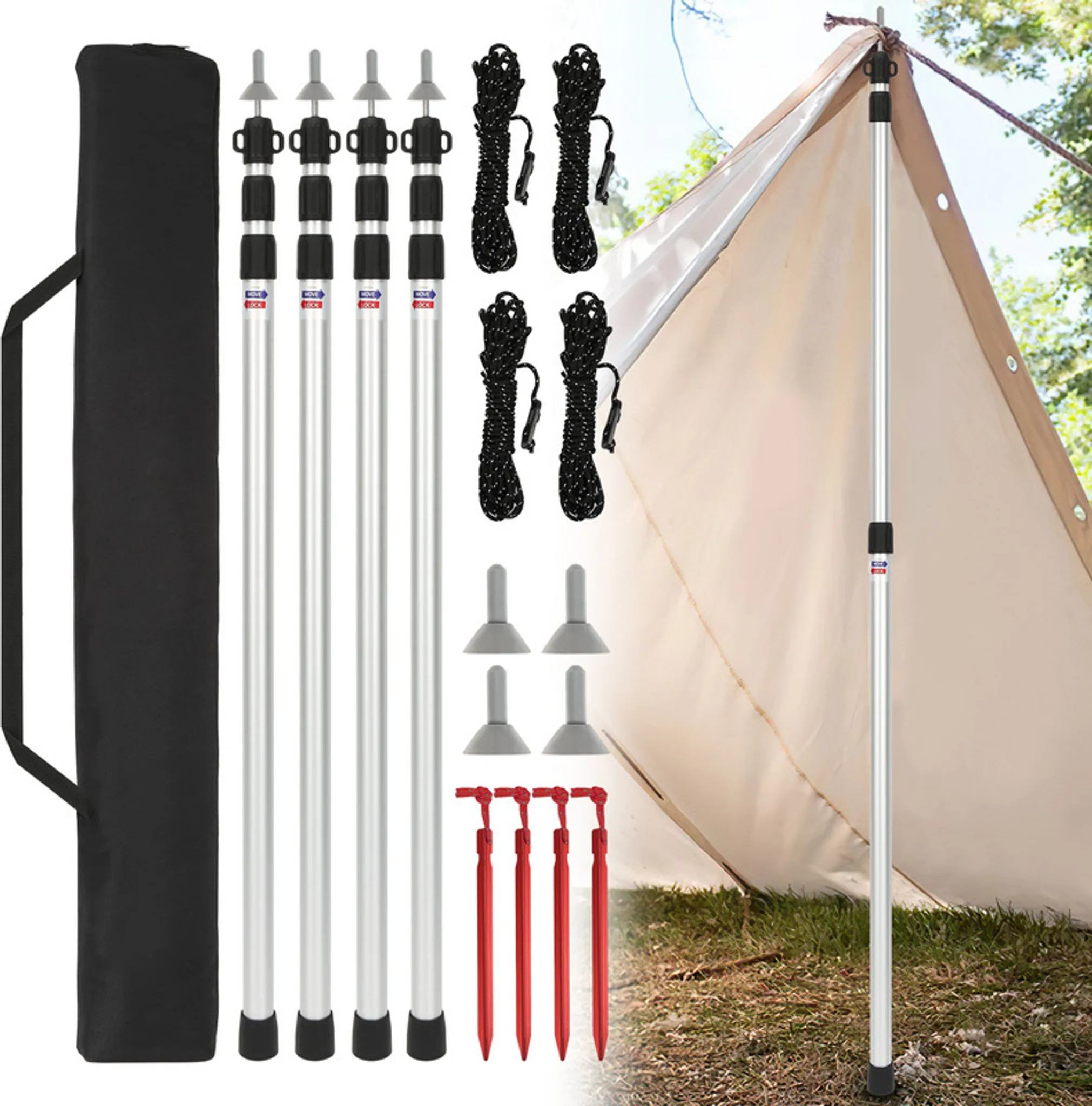 Lot De 2 Poteaux Télescopiques En Aluminium 2,3M – Support De Bâche Et Voile D'Ombrage – Piquets Et Cordes Inclus