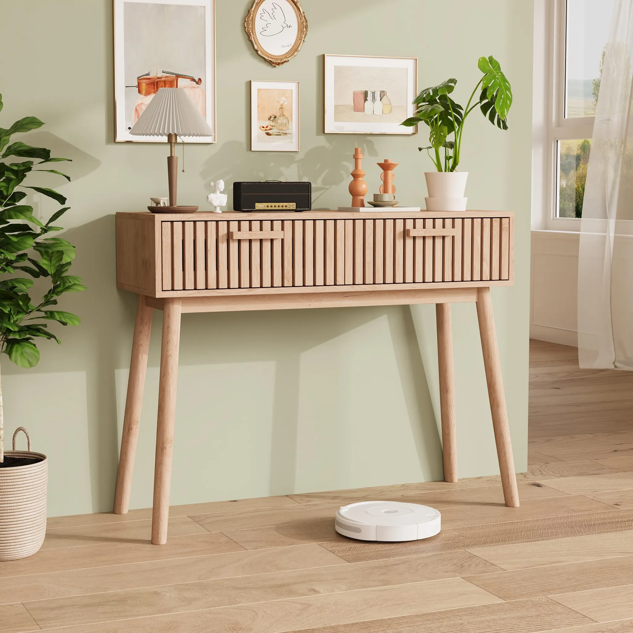 Tavolo Consolle 140 Cm Tribesigns Con 3 Cassetti In Rattan – Industriale Per Ingresso, Corridoio O Soggiorno, Marrone