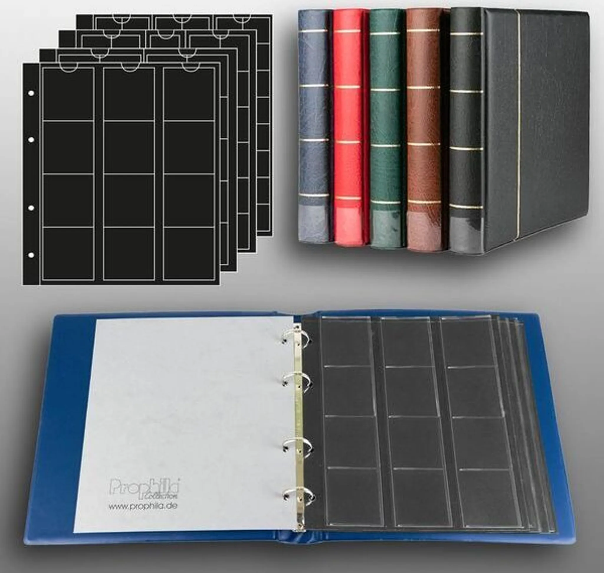 Classeur Pour Pièces De Monnaie Prophila - 4 Feuilles Avec Intercalaires Rouge, Capacité 110 Pièces, Cuir Synthétique Bleu