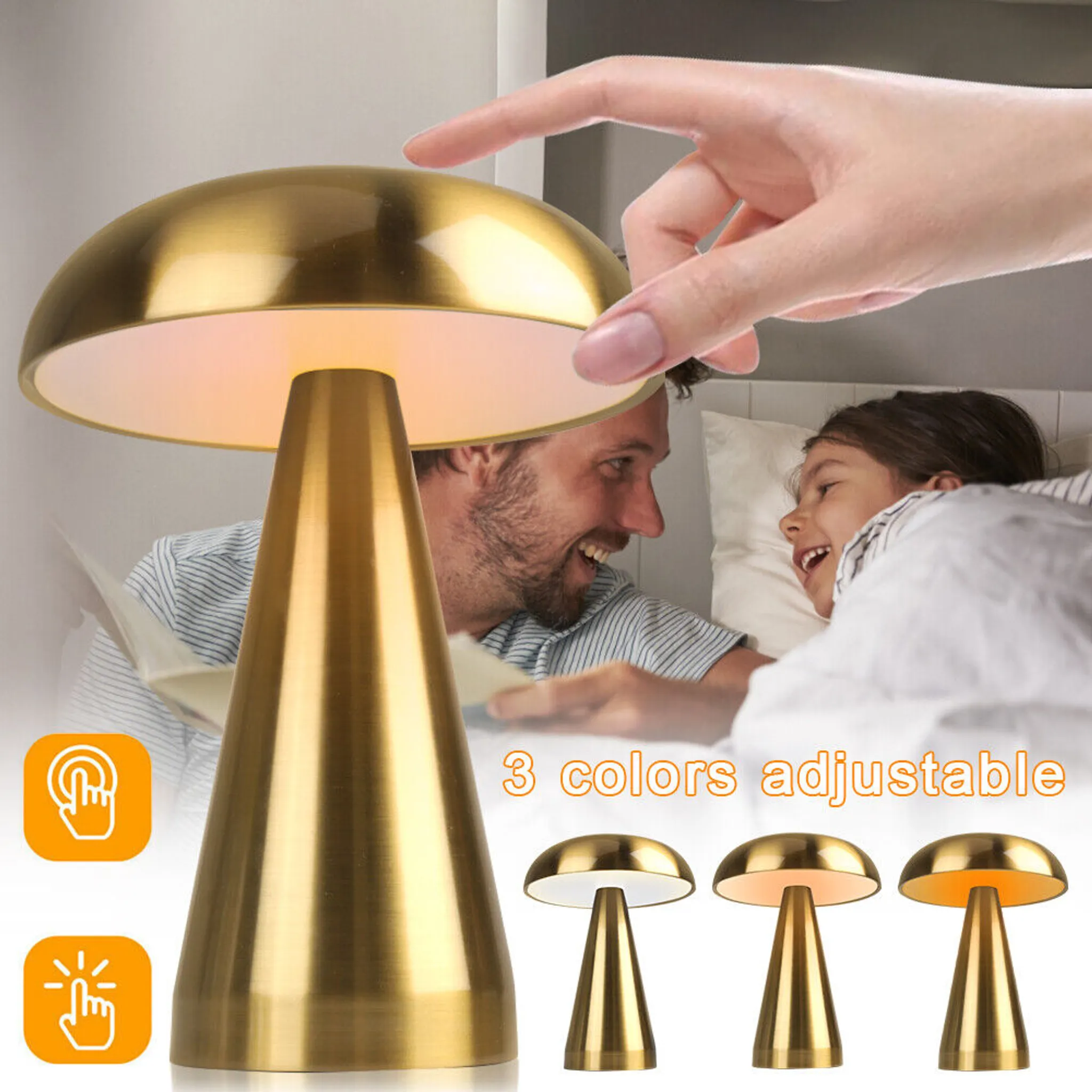 2 Stück tragbare kabellose LED-Tischlampe mit Touch-Sensor, Pilz, Gold,  batteriebetriebene Lampe, 3 Farben, dimmbare und verstellbare  wiederaufladbare