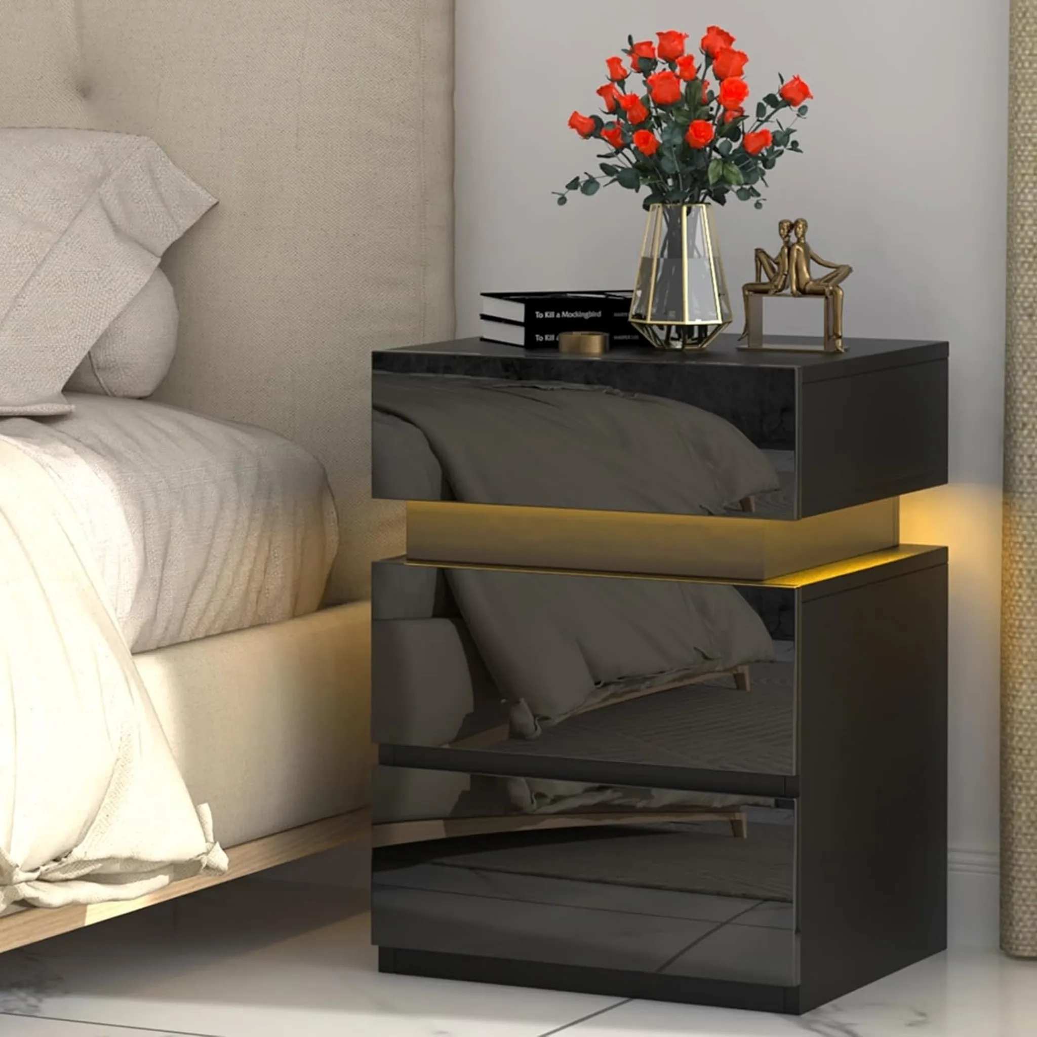 YITAHOME Nachttisch Mit LED-Lichtleiste – 7 Farben, Steckdose & USB, Schublade & Regal, 40x35x62 Cm, Schwarz