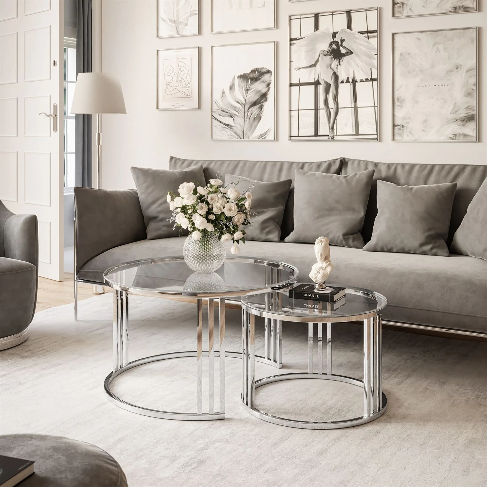 Couchtisch 2in1 LORI GLASS silber Chrom