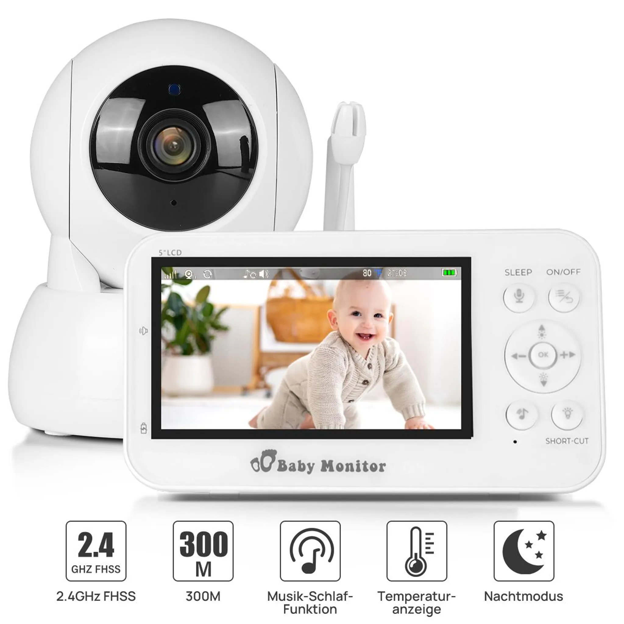 GHB Babyphone Mit Kamera 5 Zoll - 720P HD 5000mAh Nachtsicht VOX-Modus