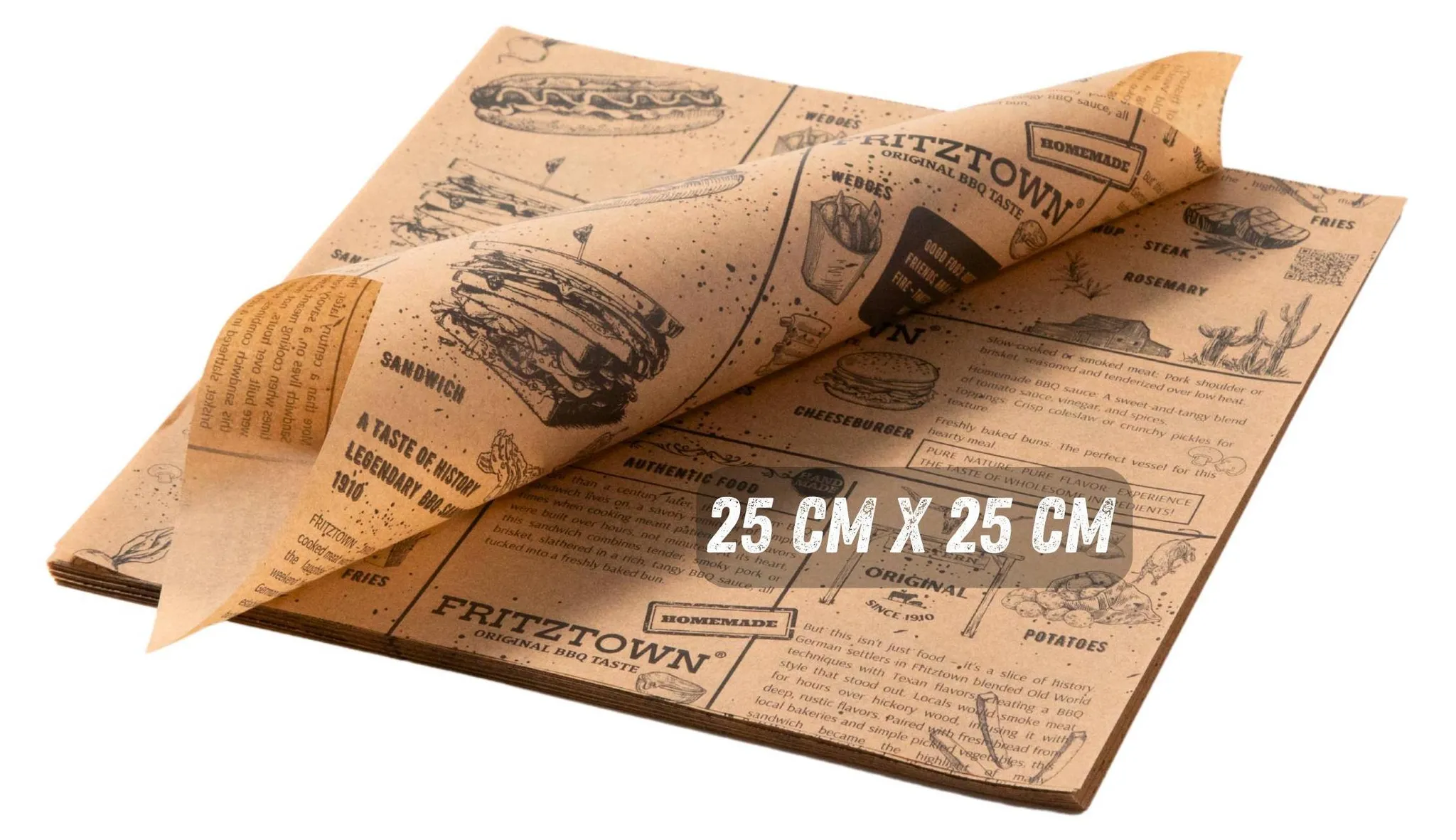 FRITZTOWN Deli Paper 25x25 Cm – 200 Blatt Fettabweisendes Einschlagpapier Für Burger, Sandwich & BBQ, Unbeschichtet, Ideal Für Street Food Und Take-Away