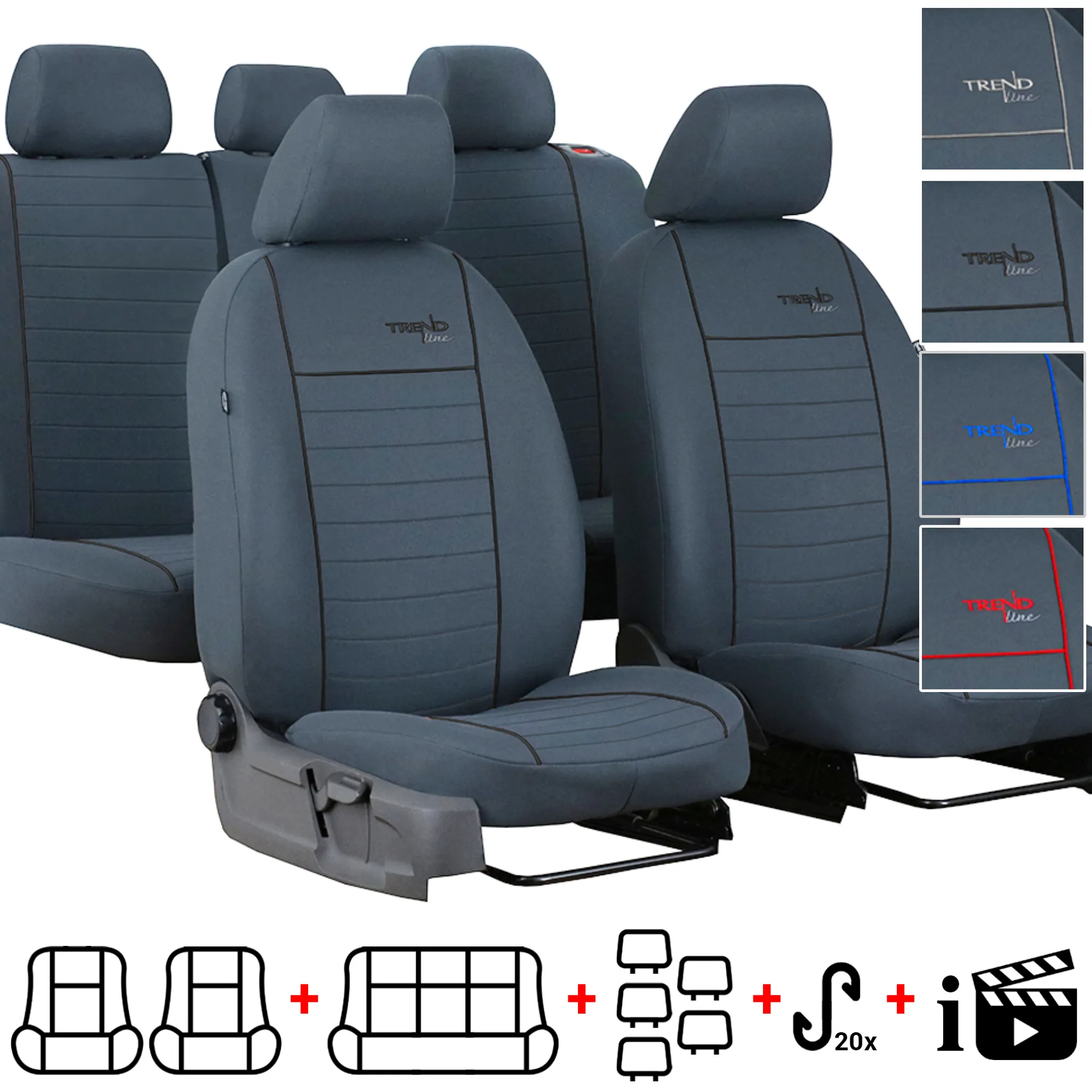 3er Set Saferide Autositzbezüge PKW universal | Auto Sitzbezüge Kunstleder  Grau für Airbag geeignet | für Vordersitze und Rückbank | 1+1 Autositze