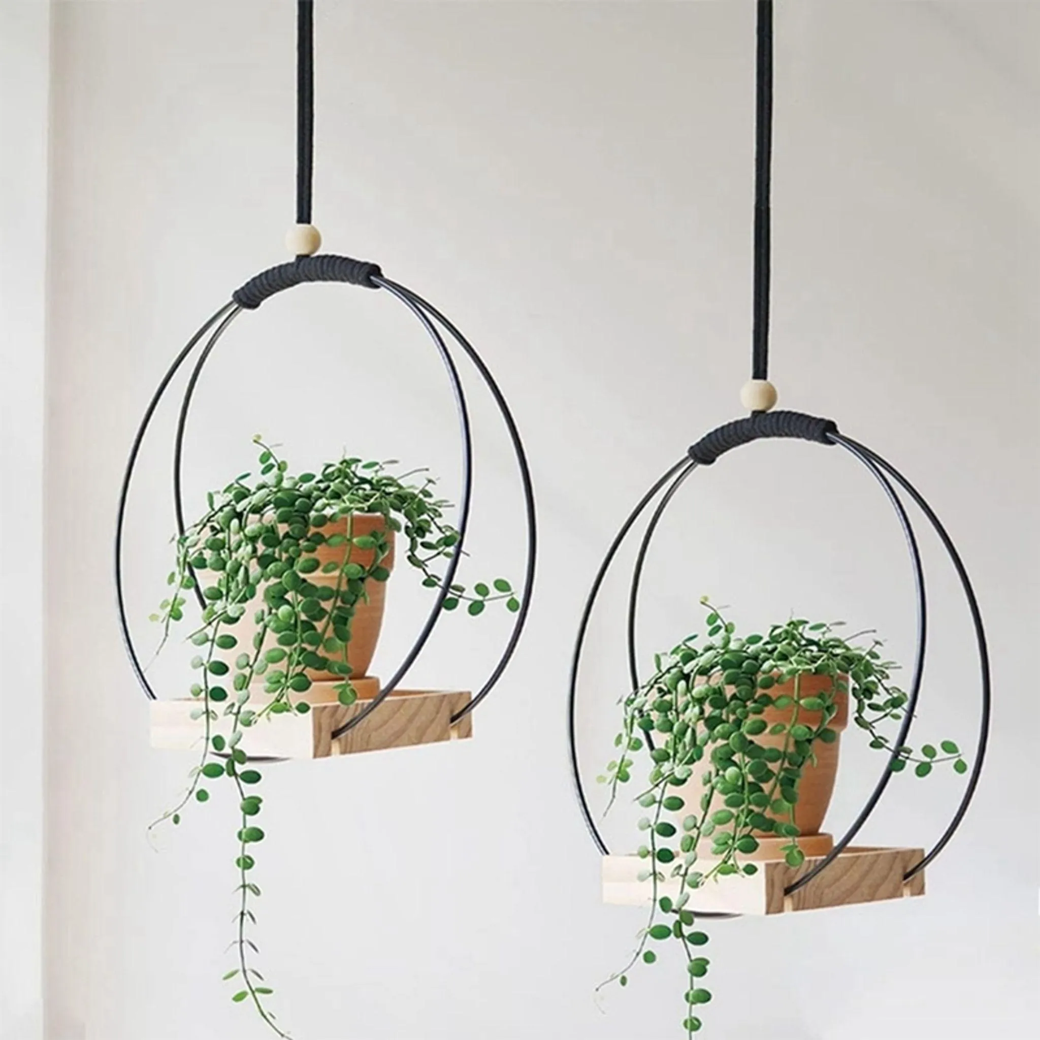 Blumenampel Hängend Aus Metall & Holz – 2 Stück Hängeampel Mit Sockel & Haken Für Innen & Balkon, Ohne Topf (Deko Set)