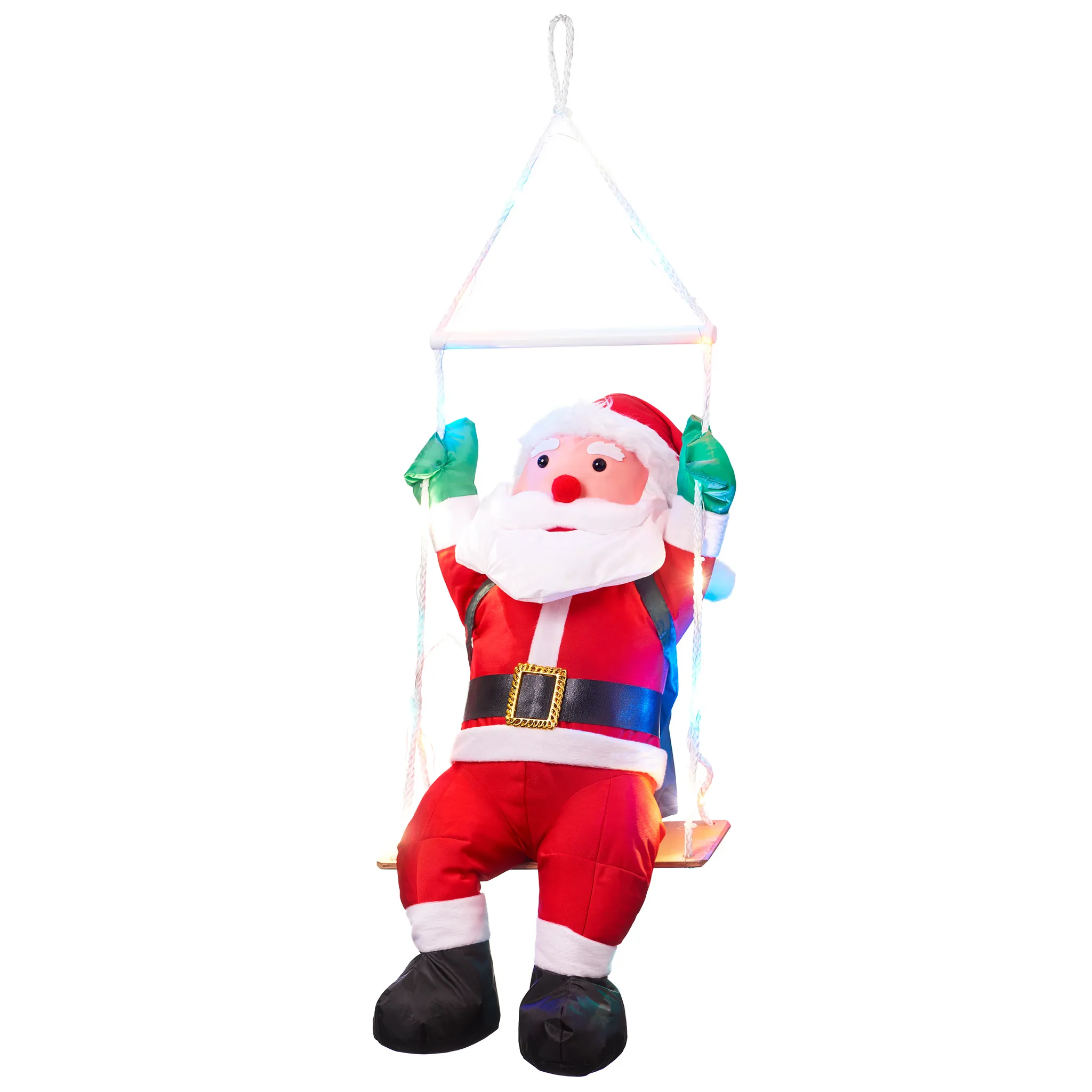 Sitzender Weihnachtsmann auf einer Schaukel, mit 20 bunten LED