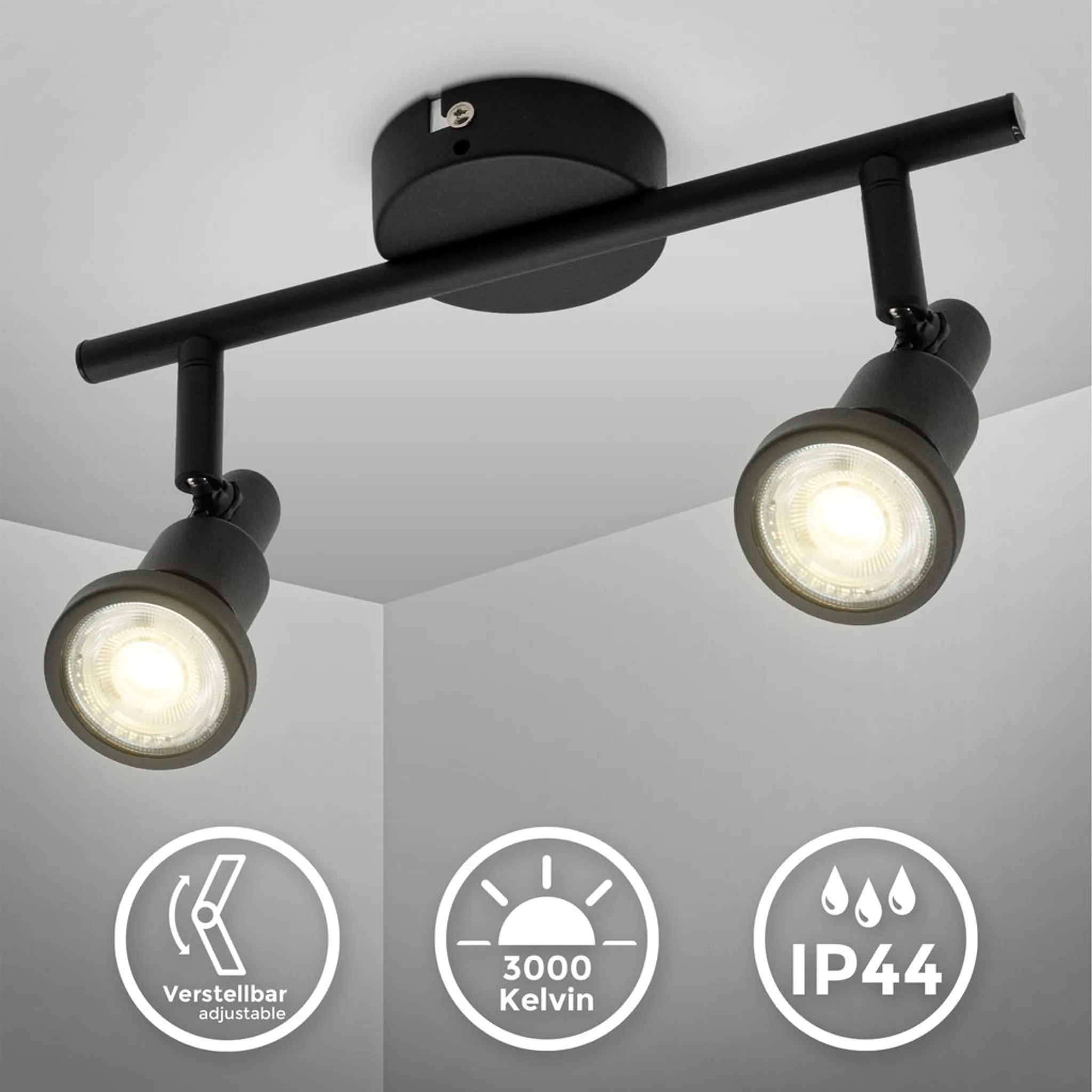 Deckenleuchte Bad LED 2x Decken-Strahler Badezimmer-Lampe Schwarz GU10 IP44 Spot