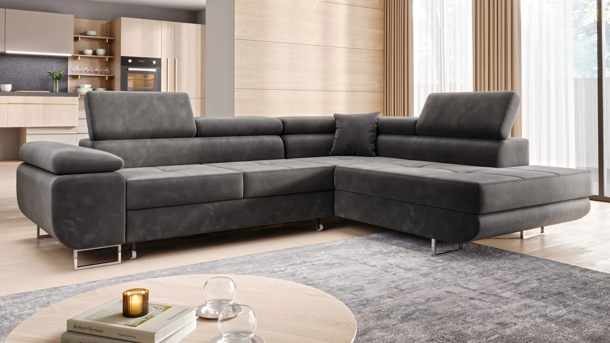 Wohnlandschaft Ecksofa Monaco Samt Grau mit Bett Bettkasten  Kopfteilverstellung Bett Sofa Schlafsofa Ottomane rechts