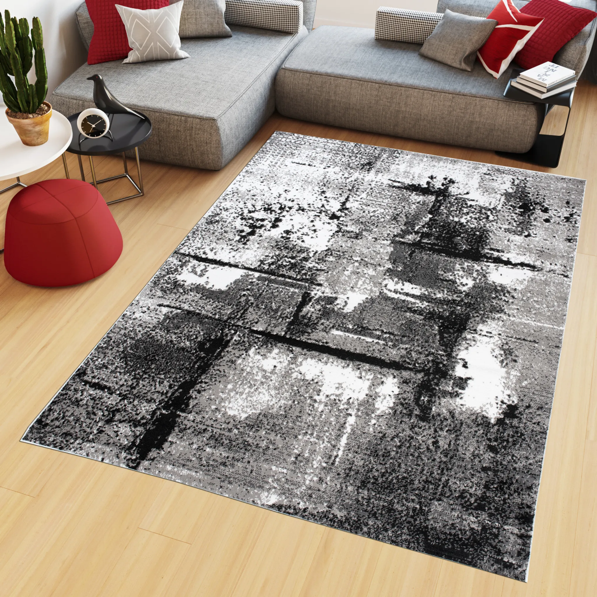 Streifen Teppich 300 Verwischt Grau Design Schwarz Creme x Kurzflor Modern Meliert cm 250 Schlafzimmer Wohnzimmer
