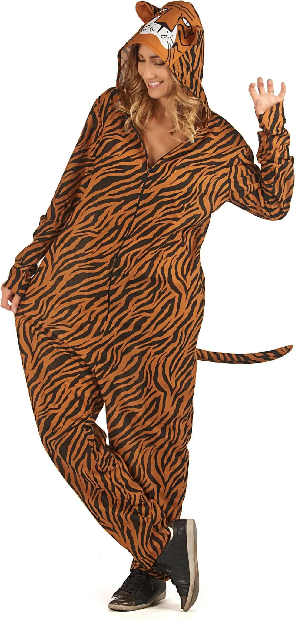 Tiger-Kostümkleid, Größe 34 – Sexy Plüschkleid Mit Tigermuster Vorne, Schwarz Hinten, ärmellos