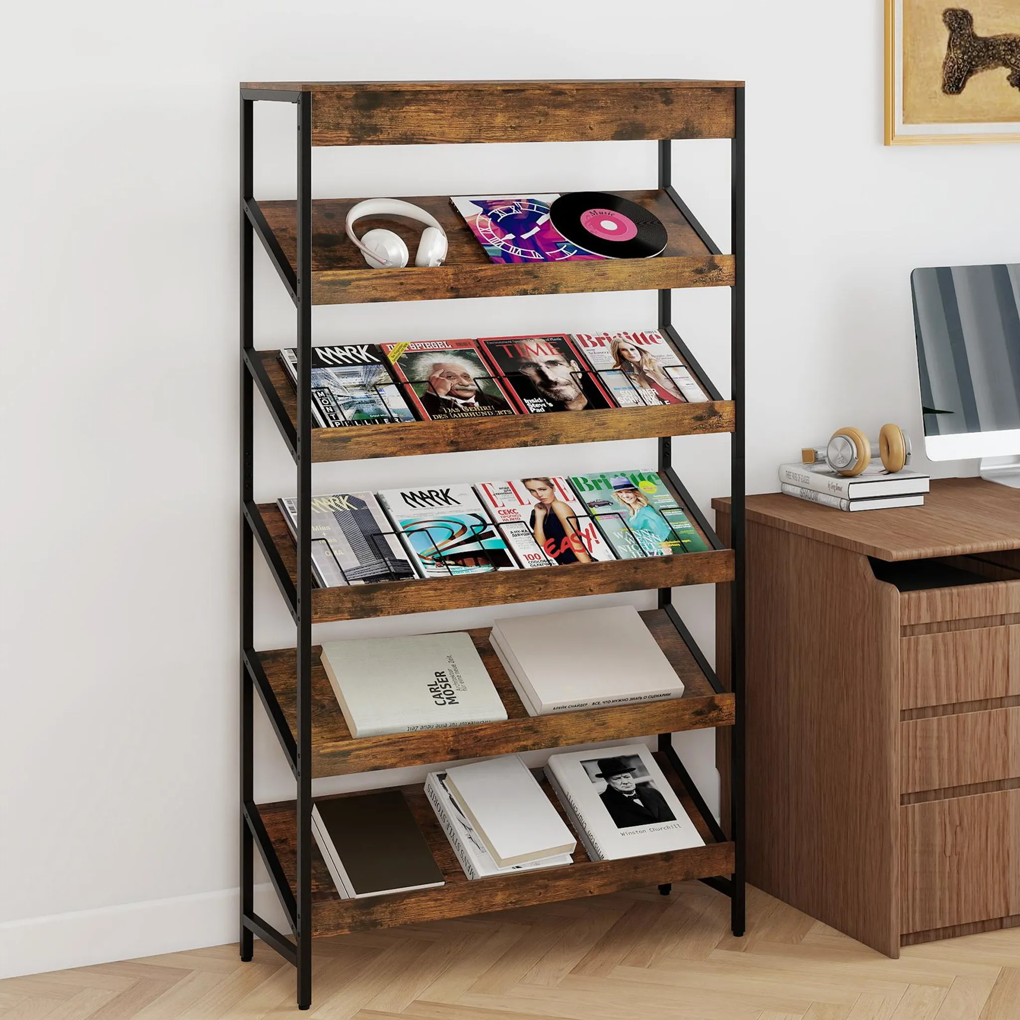 COSTWAY Libreria A 5 Livelli In Legno E Metallo, 38x23x147 Cm, Geometrica A S, Carico 10 Kg Per Ripiano, Anti-ribaltamento, Marrone Rustico