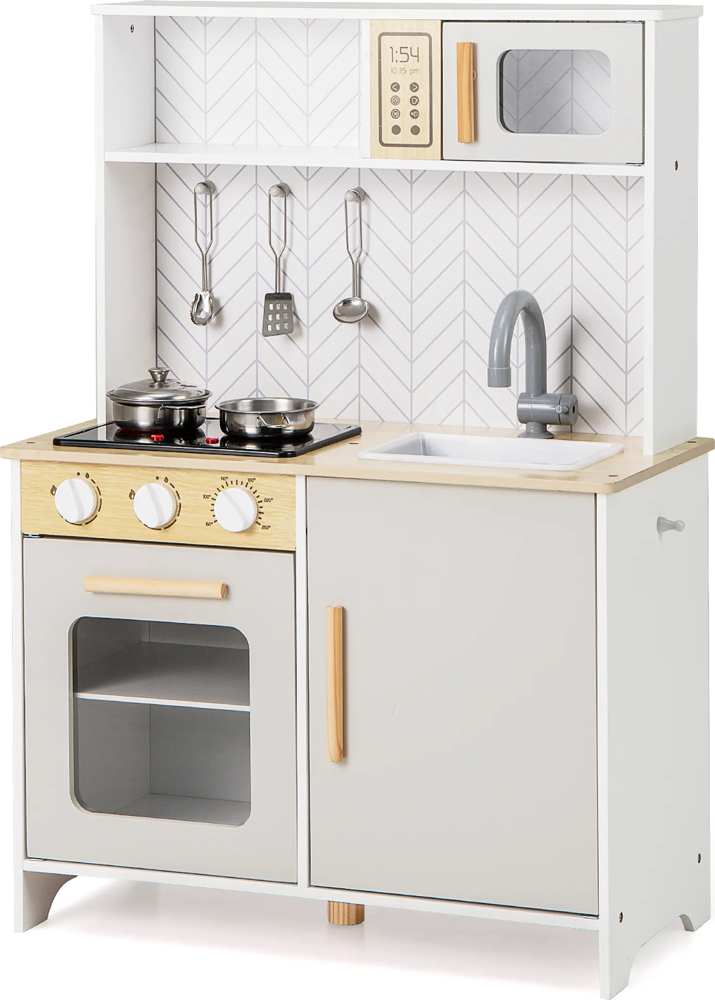 COSTWAY Kinderküche Aus Holz Mit Licht & Sound – Rattantüren, Kühlschrank, Waschmaschine & Zubehör – Spielküche Für Kinder Ab 3 Jahren – Rosa