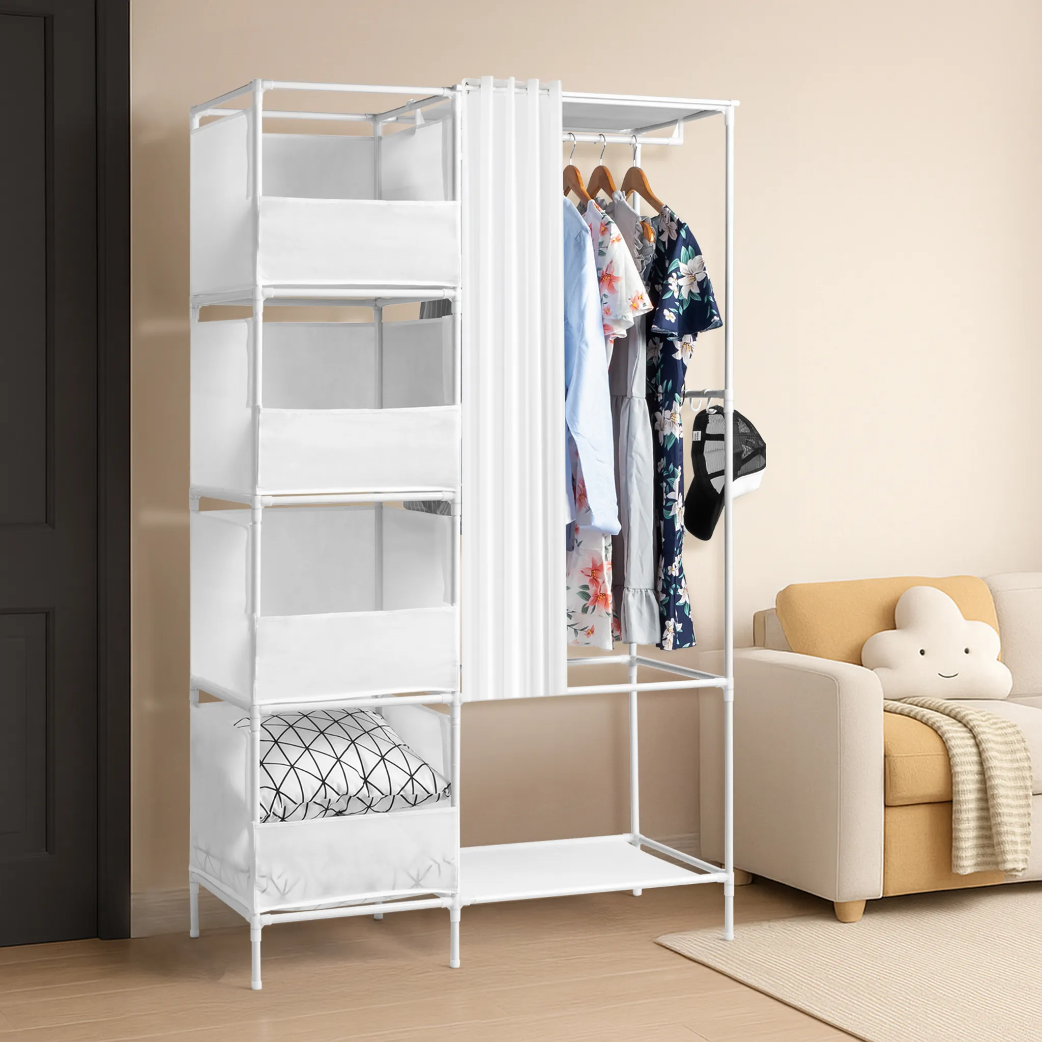 Organizer Da Appendere Per Armadio Con Cassetto – 3 Ripiani In Cotone E Lino, 28x28x61 Cm, Beige, Pieghevole