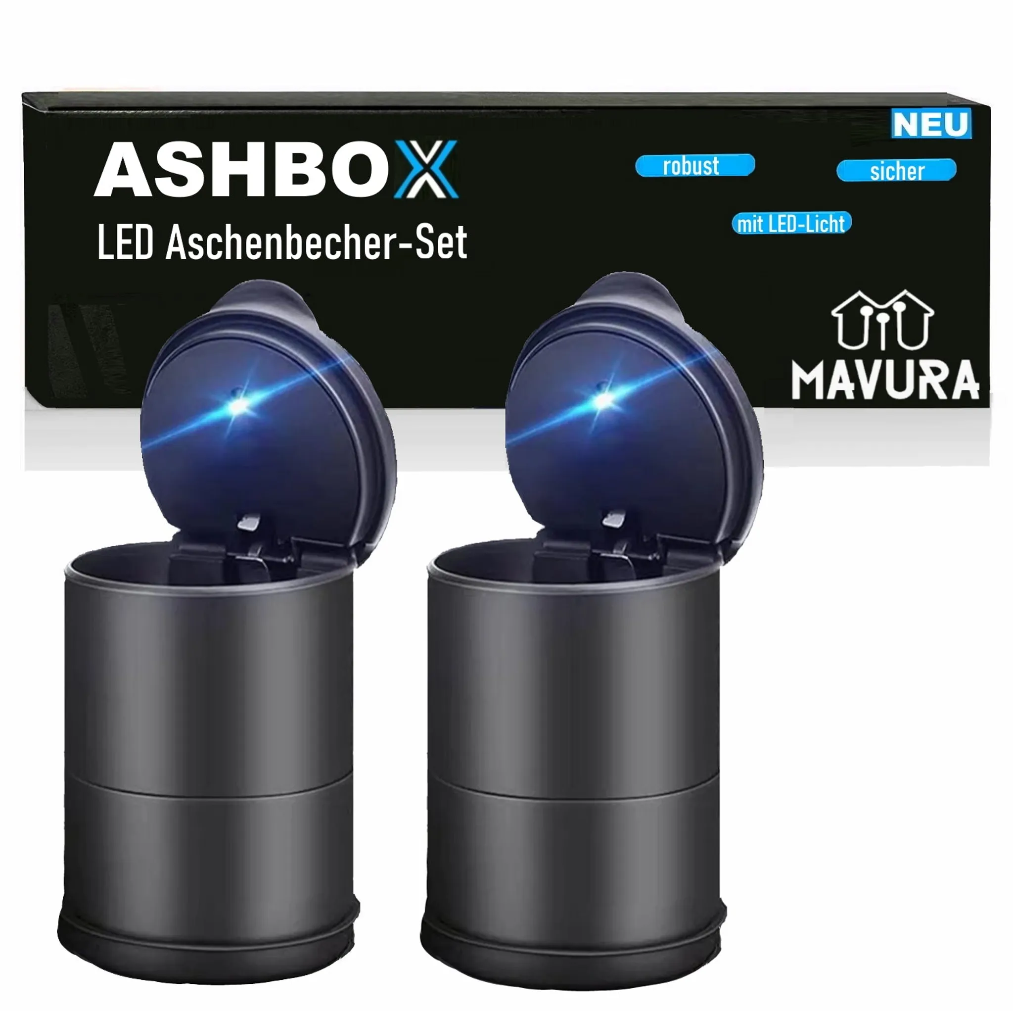ASHBOX Auto Aschenbecher mit Deckel LED-Licht für Getränkehalter Universal  2 Stk