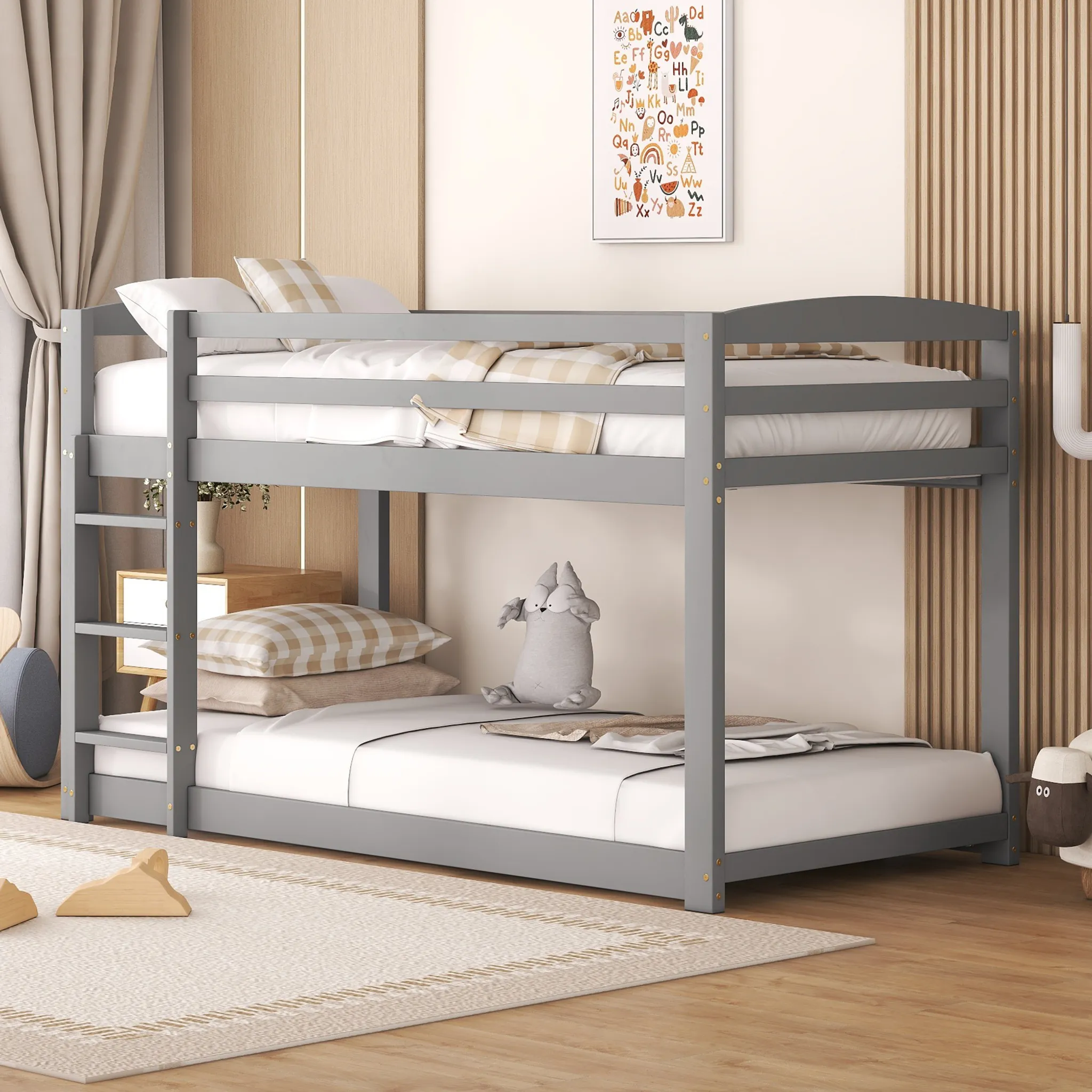 Letto A Castello Con Finestra E Corrimano - Telaio In Pino, Bianco E Grigio, Materasso 90x200 Cm