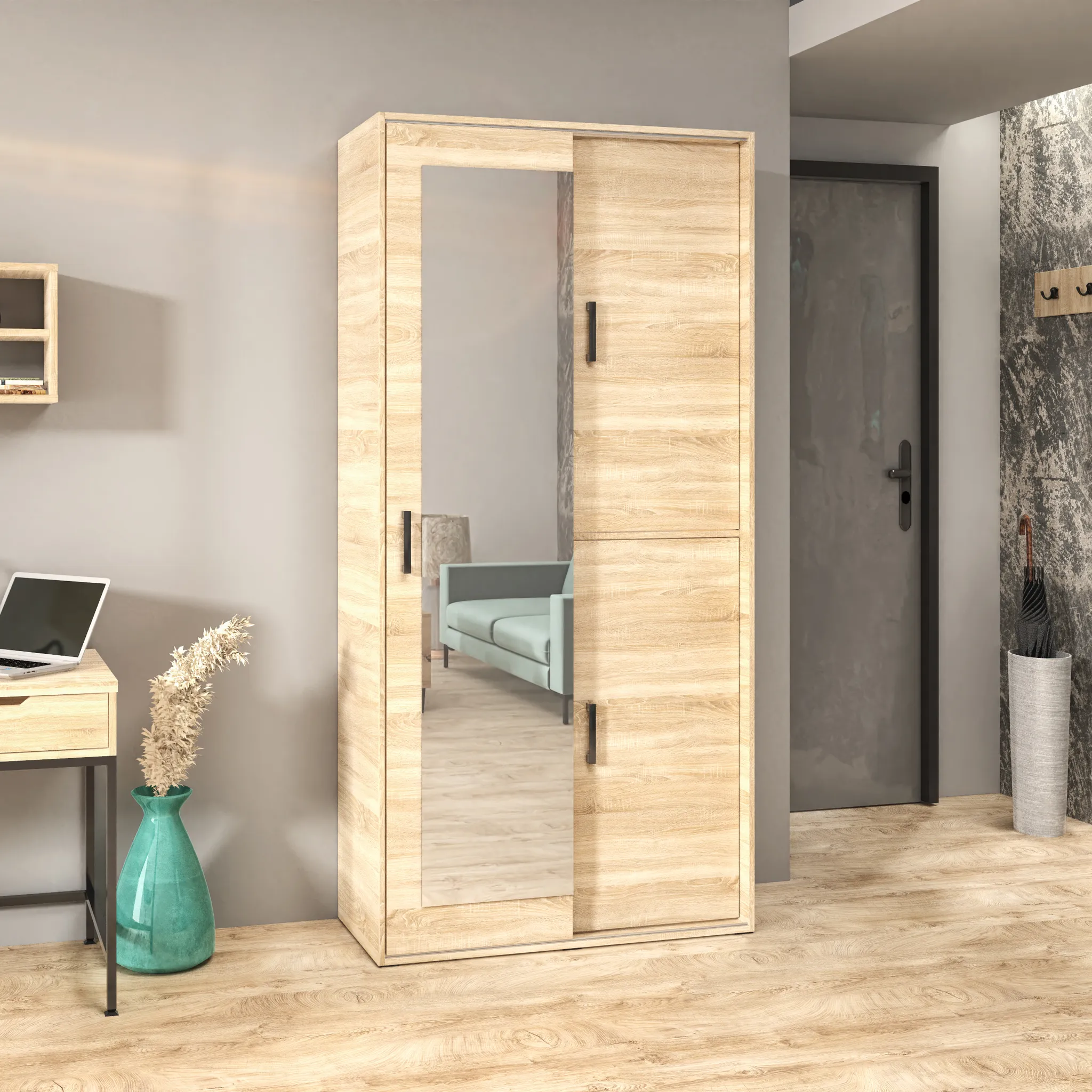 Schlafzimmer, Schwebetür Scharniertüren Spiegel Garderobenschrank für mit Lang Eiche 100 cm mit sonoma Schrank Garderobe und Farbe: