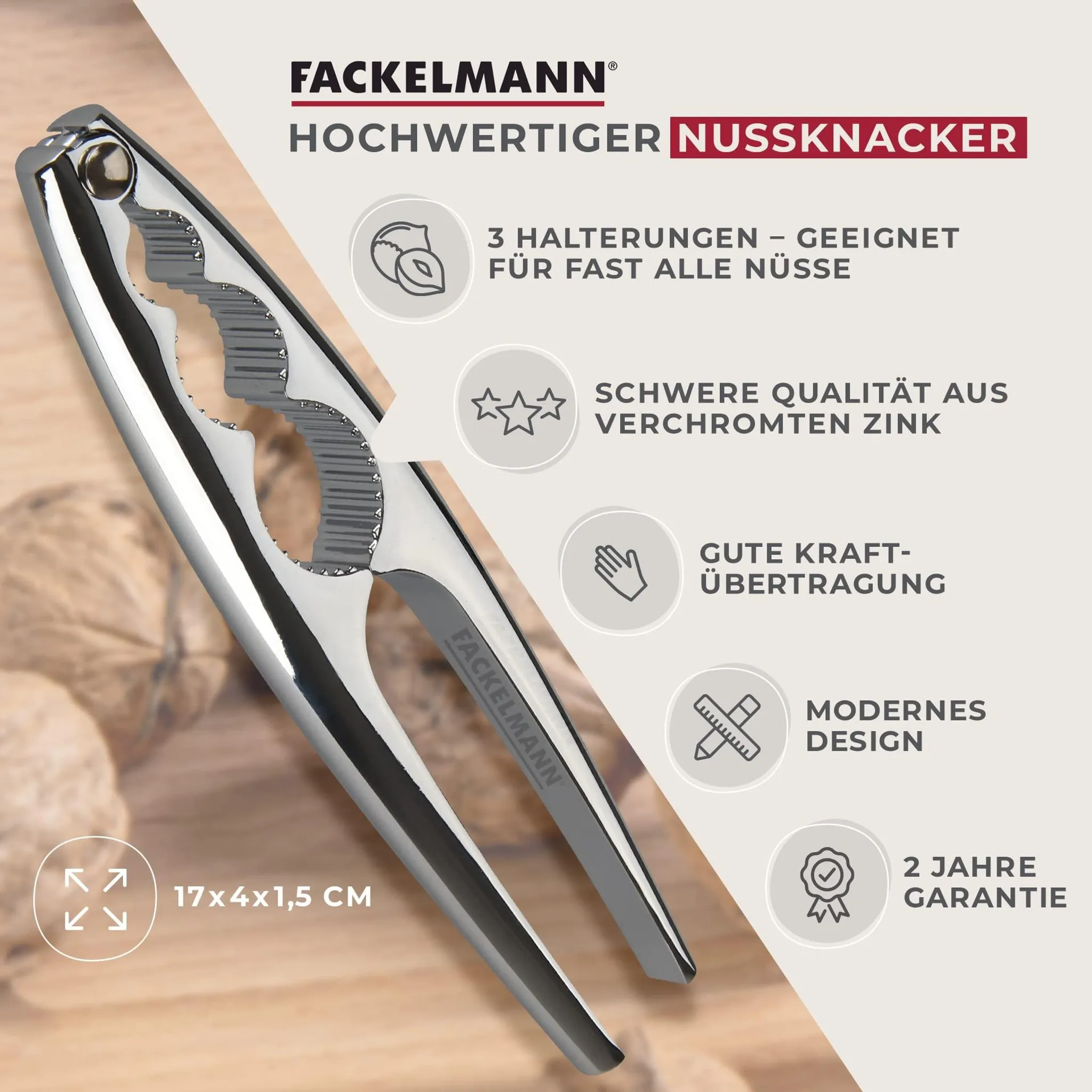 Casse-Noix FACKELMANN – Design Élégant & Performant | Ouvre Presque Toutes Les Noix | Aluminium Robuste 31 Cm