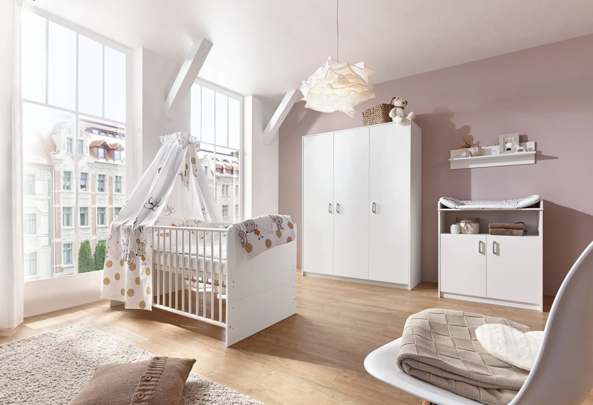 Schardt Komplett Kinderzimmer Classic White (Kombi-Kinderbett 70 x 140 cm  mit Umbaukit, Wickelkommode und Kleiderschrank 3-trg.), weiß