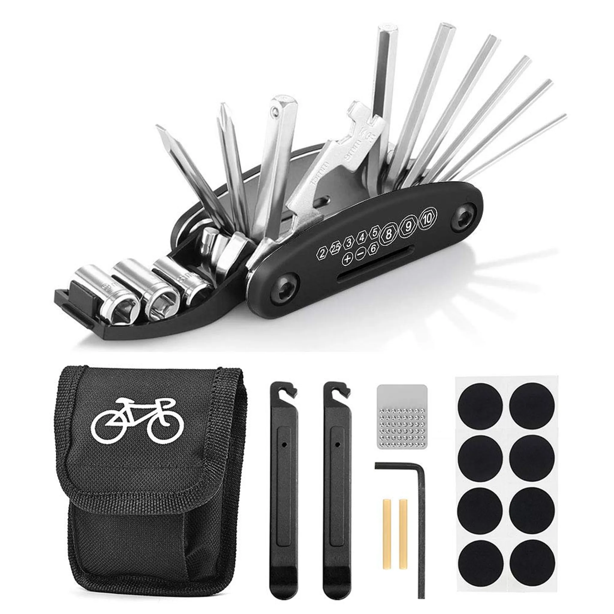 Reifenheber uvm. 16-teilig Multifunktionswerkzeug Relaxdays Multitool Fahrrad schwarz Set mit Ringratschenschlüssel 