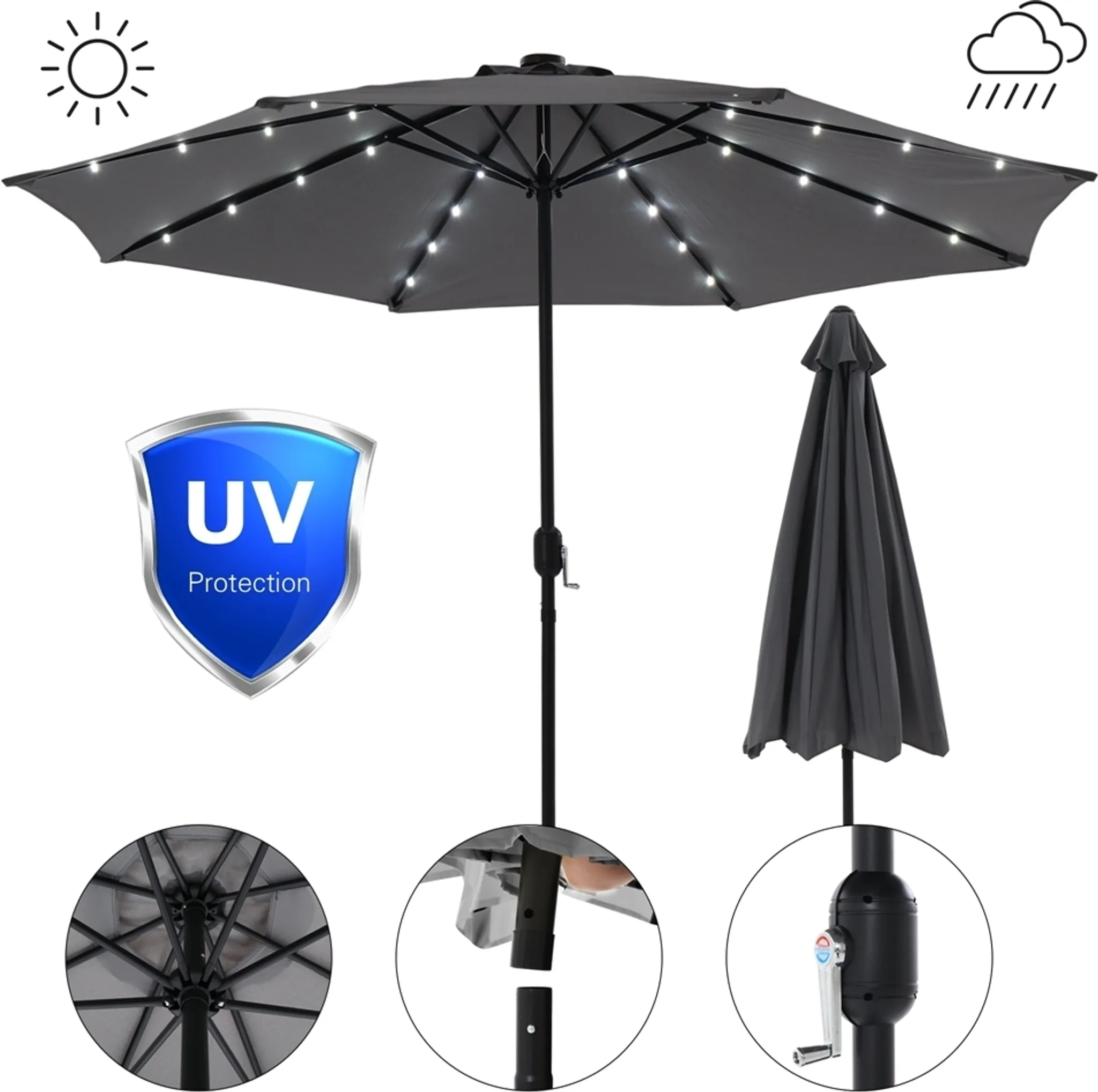Ombrellone LED Kingsleeve 300 Cm – Solare, Inclinabile, Con Manovella, Resistente Ai Raggi UV E All'acqua