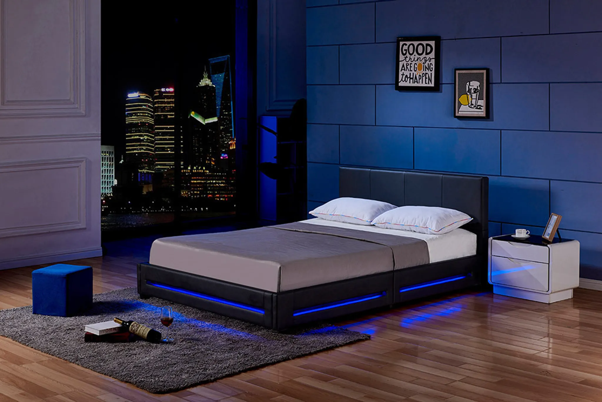 Bett Luna 180 cm schwarz LED Polsterbett Doppelbett sold Bettgestell