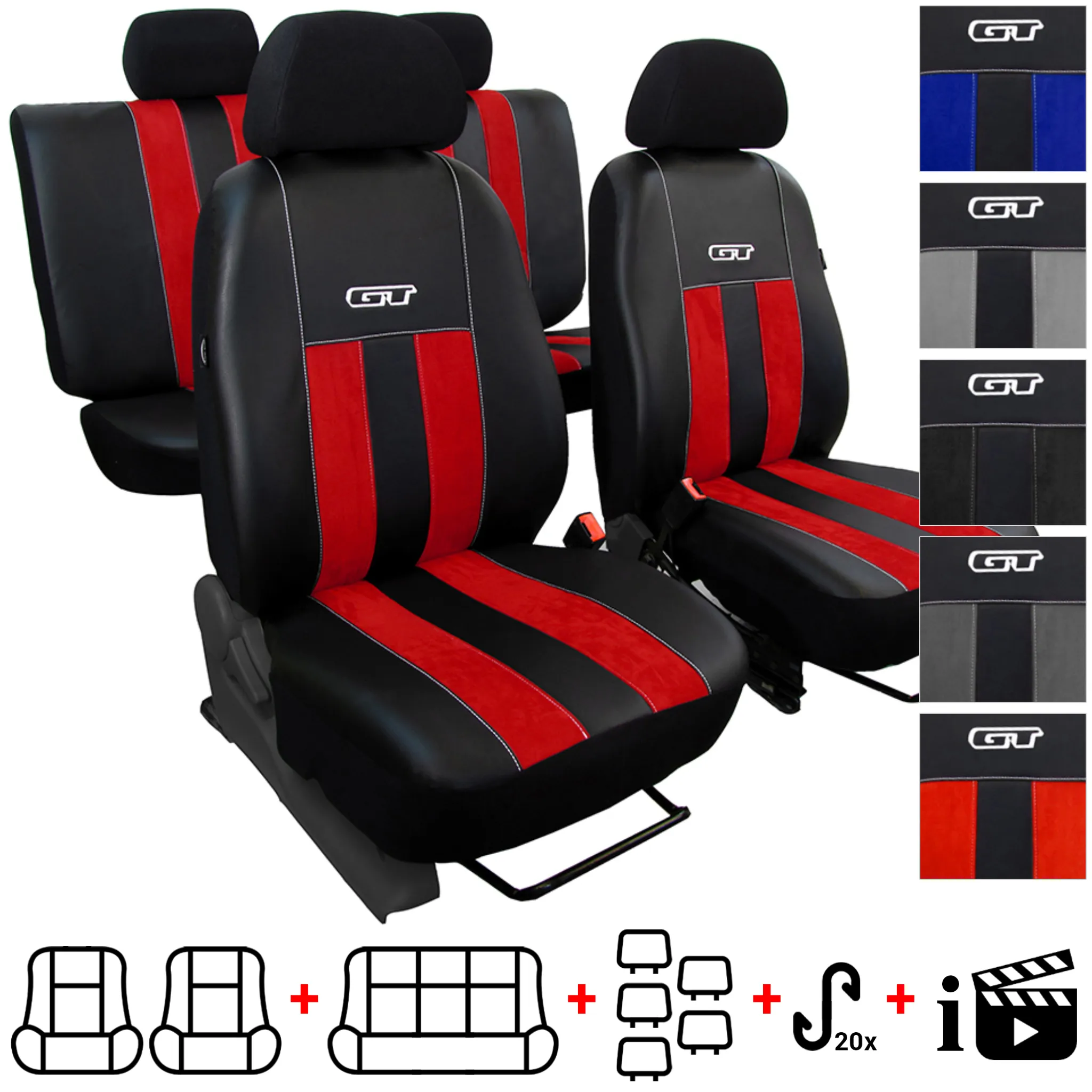 Autositzbezüge Set Leder,Autositzschoner Set Universal,Schonbezüge Auto  Komplettset 5-Sitze,Sitzbezüge Auto-Schwarz Rot (schwarz rot)