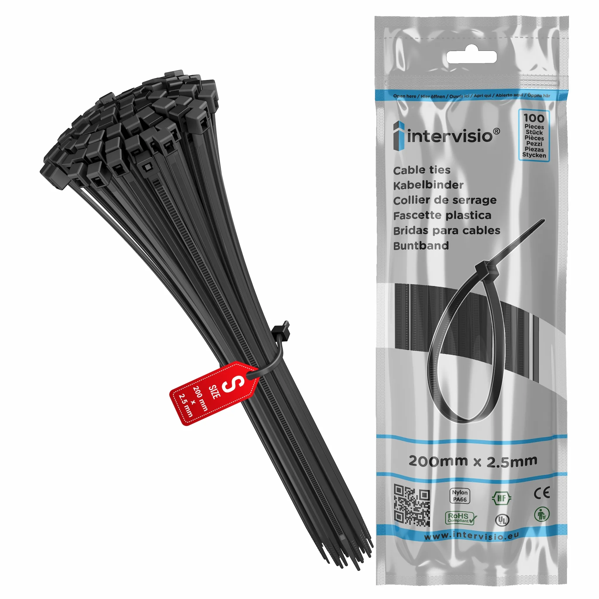 Kabelbinder, schwarz, 200x2,5mm, 100er-Pack, UV beständig