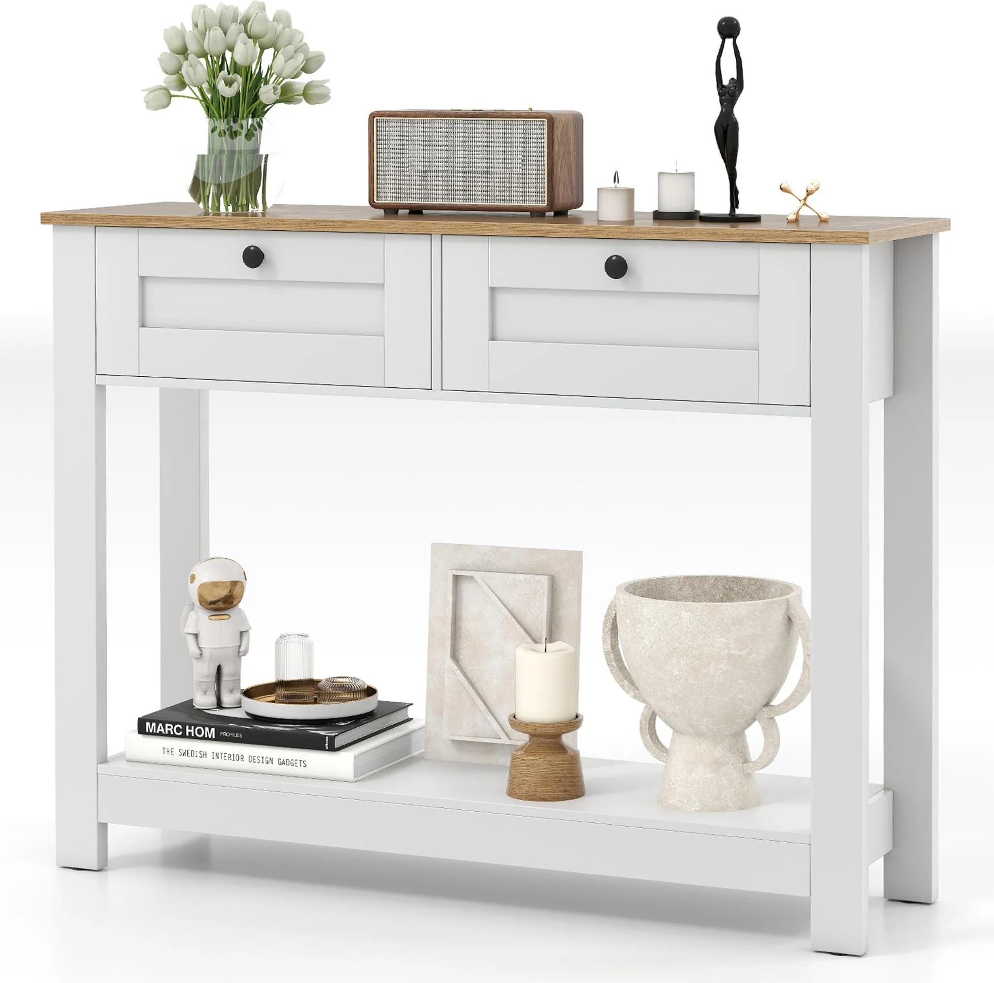 Tavolo Consolle COSTWAY 100x30cm - Con 2 Cassetti E Ripiani, Marrone Rustico - Foto 7