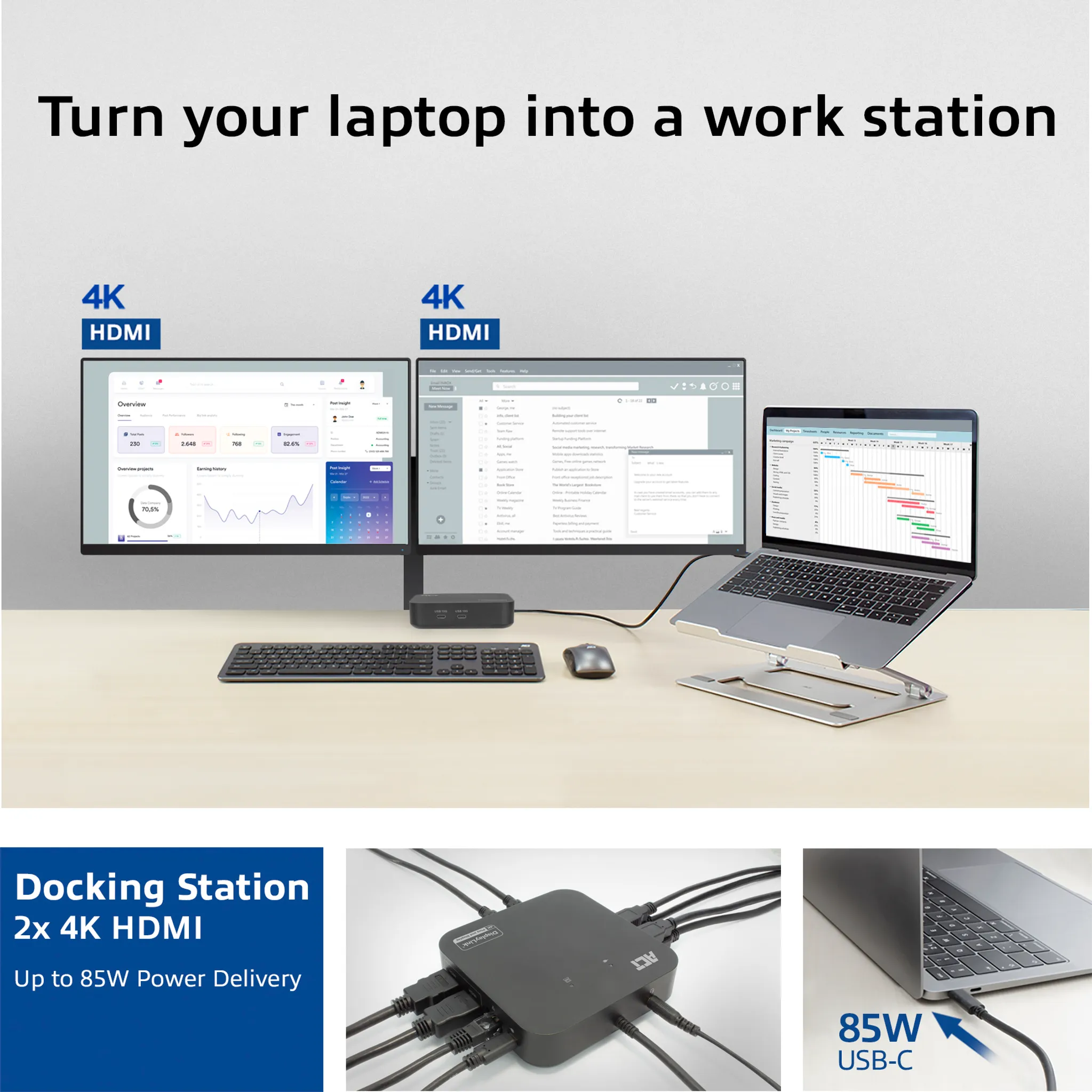 ACT USB-C Docking Station 4K, per monitor HDMI,