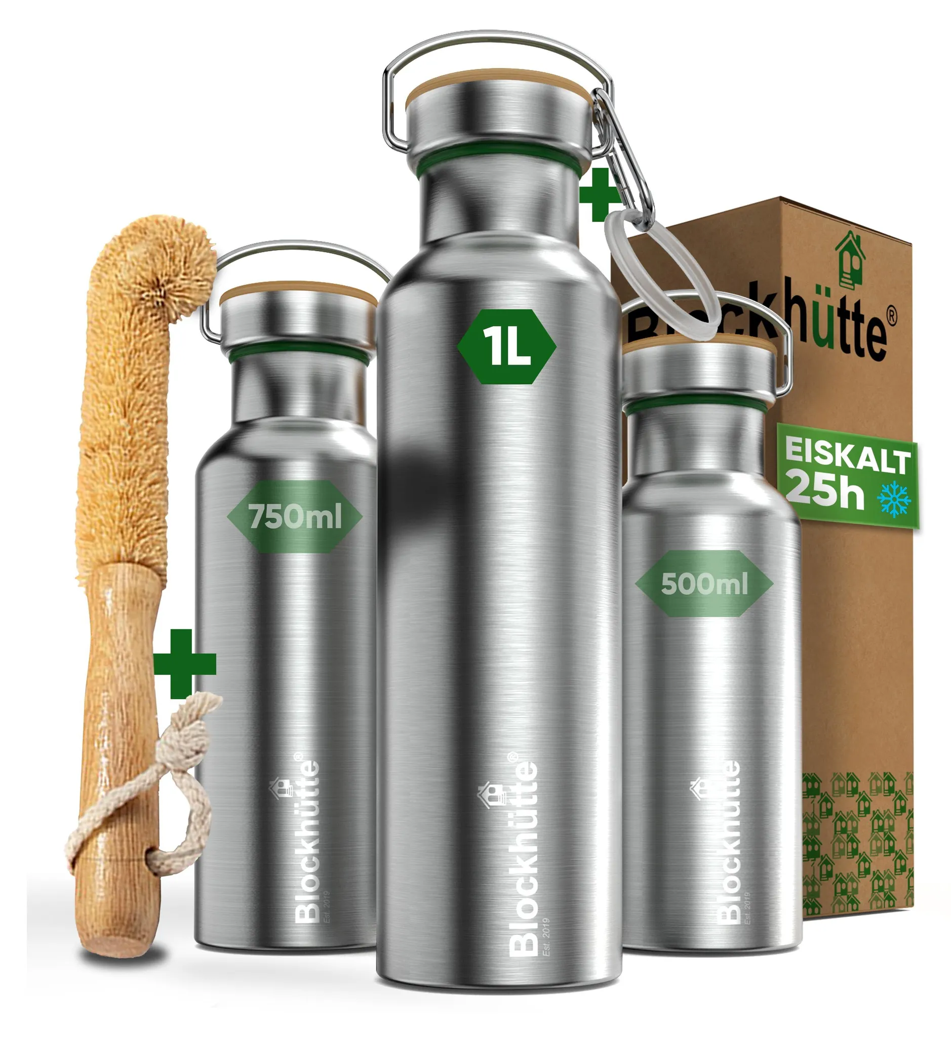 Blockhütte Edelstahl Trinkflasche 1l Isoliert, Thermoskanne