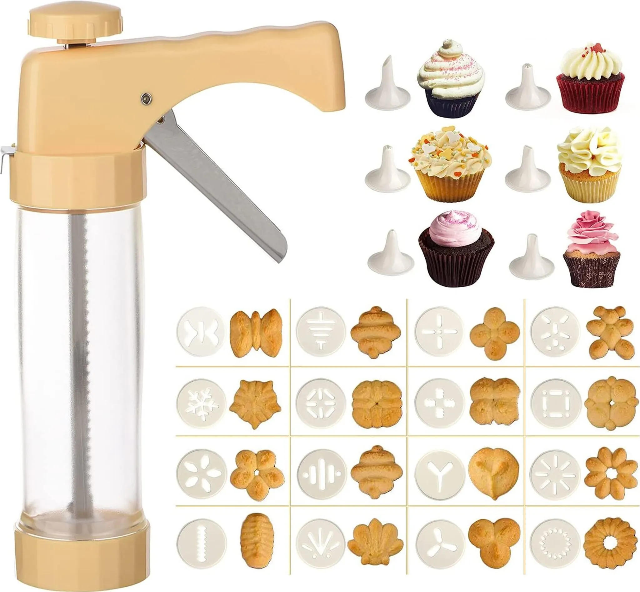 LAEMALLS Gebäckpresse Mit 16 Formen - Plätzchenpresse Set Mit 6 Tüllen Für Kekse Und Verzierung