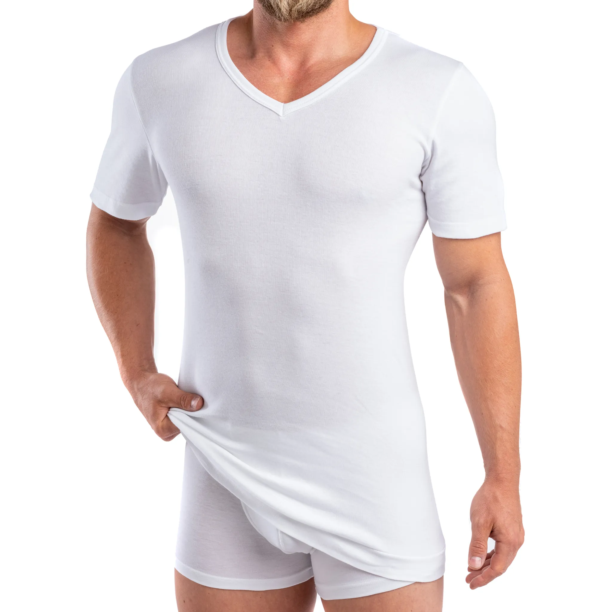 HERMKO 488710 Extralanges kurzarm 100% Herren Rutschen Baumwolle - Shirt Bund mit cm aus kein +6 V