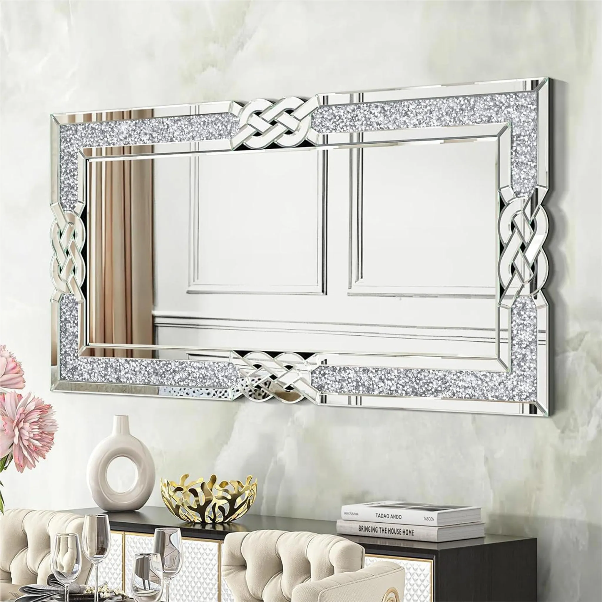 Specchio Da Parete Moderno 120x60 Cm - Cornice Argento Con Dettagli A Diamante - Per Ingresso, Soggiorno O Camera - Design Elegante E Luminoso - Foto 8