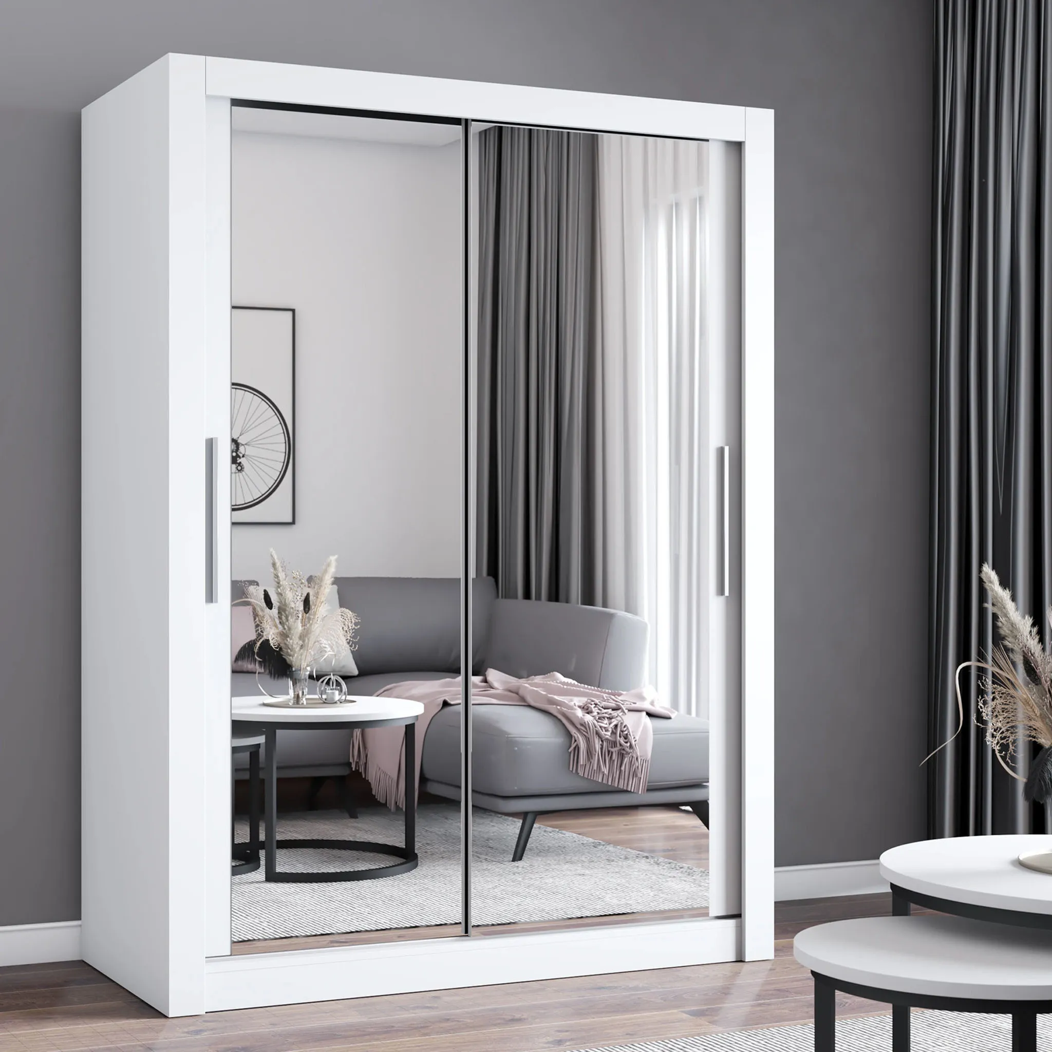 Schwebetürenschrank Kleiderschrank Schrank 150cm Weiß/Weiß