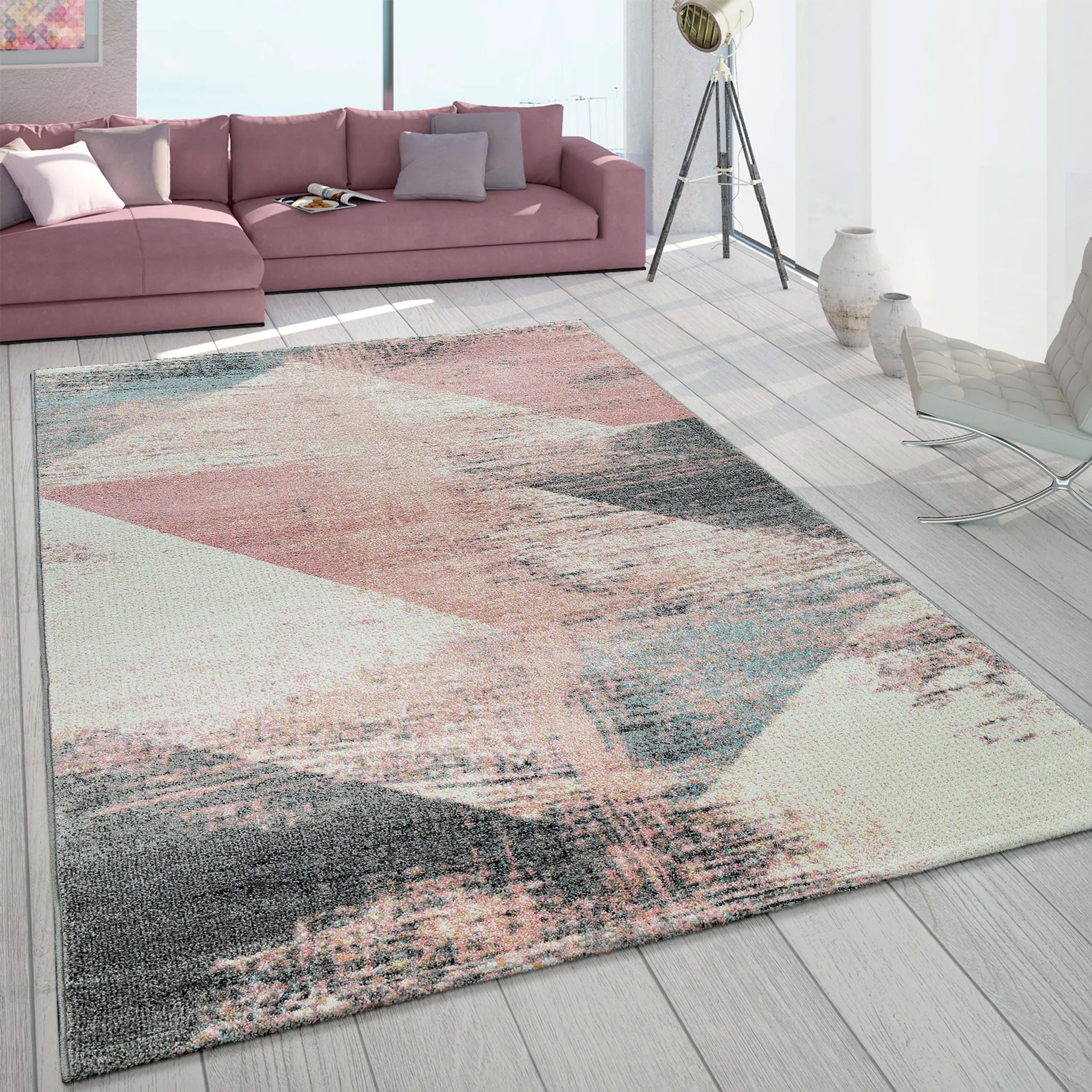 Teppich Wohnzimmer Grau Weiß Rosa Kurzflor Muster 200x290 cm Design Grösse Vintage Dreieck Pastell